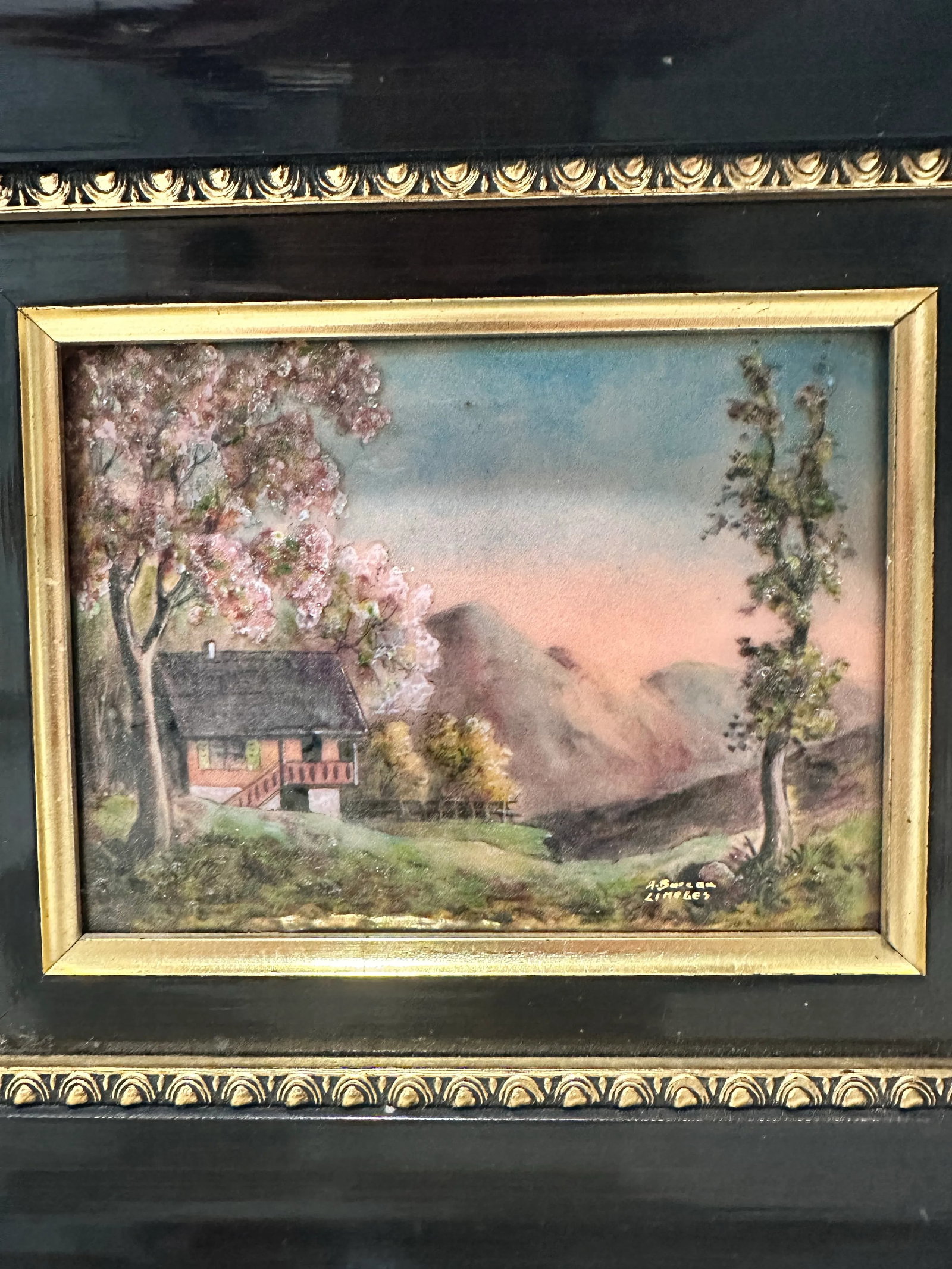 Signed Andre Bureau Limoges Enamel on Copper Painting - French Landscape Scene, Black & Gold Frame, - 2
