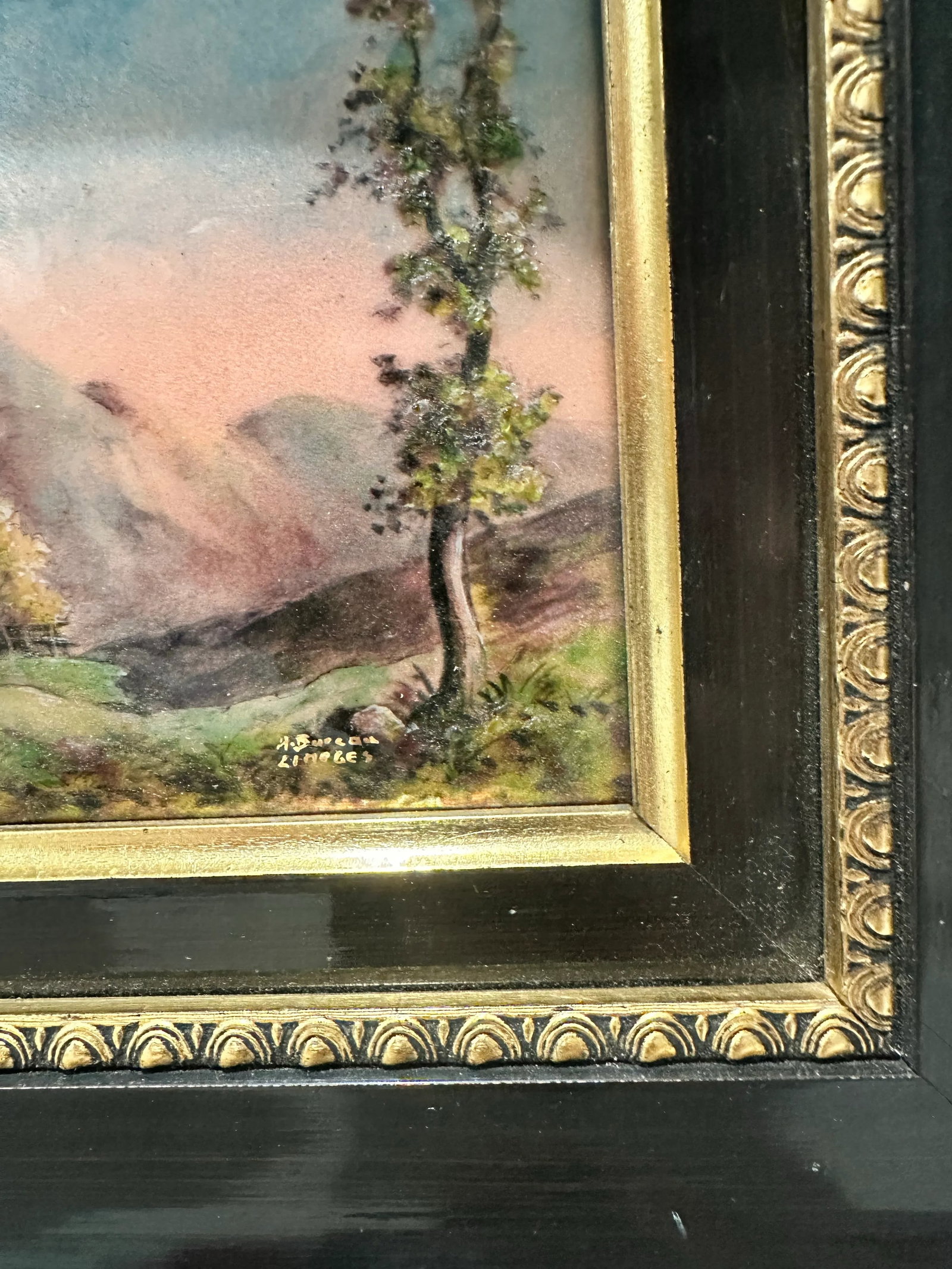 Signed Andre Bureau Limoges Enamel on Copper Painting - French Landscape Scene, Black & Gold Frame, - 3