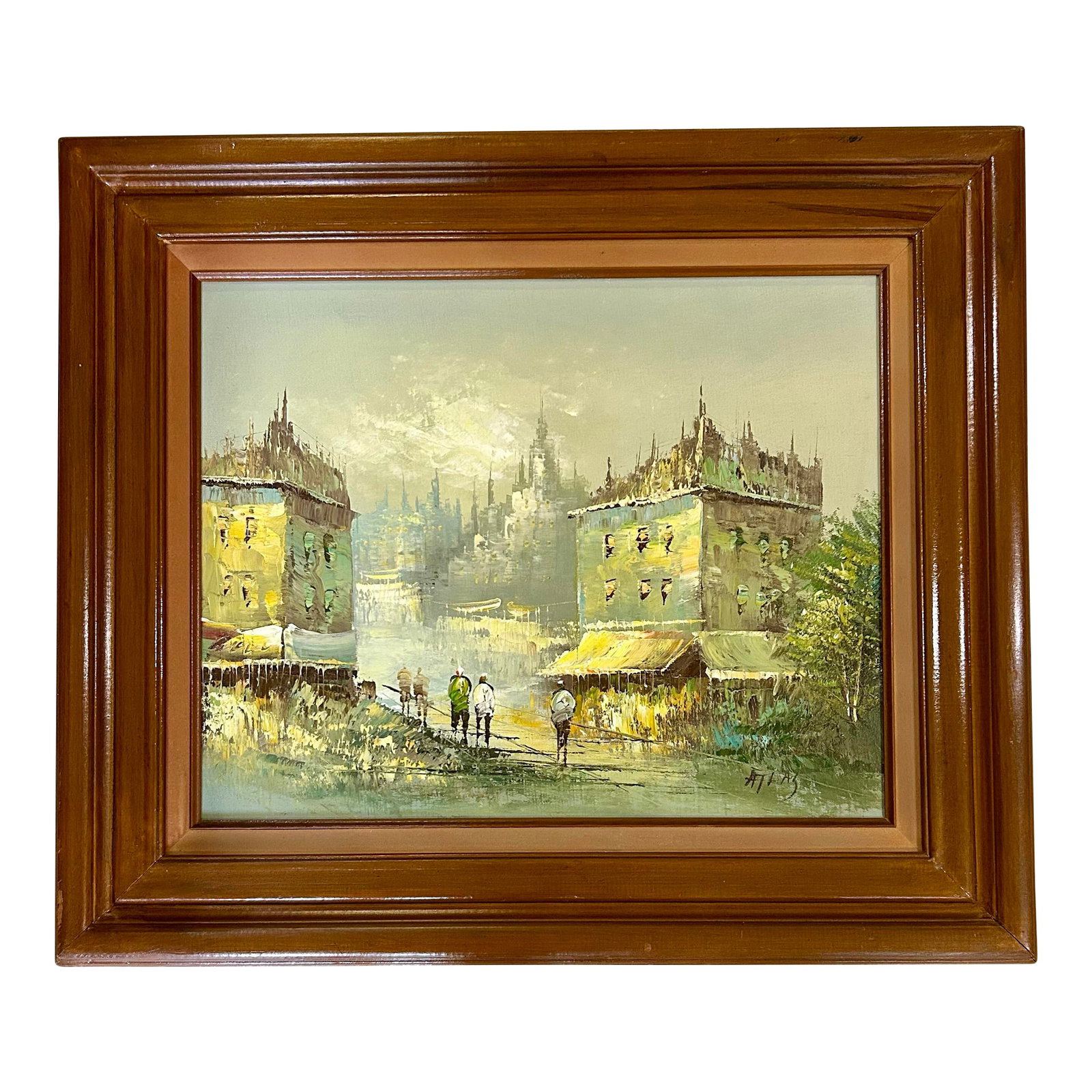 Vintage, Signed "Atlas" Original, Oil and Acrylic, Parisian Themed, Painting on Stretched Canvas, Im: This mid-century, original, oil/acrylic Parisian themed painting, done on stretched canvas, seems to be a depiction of a European street scene. Signed by "Atlas", his brushstrokes are loose and his co