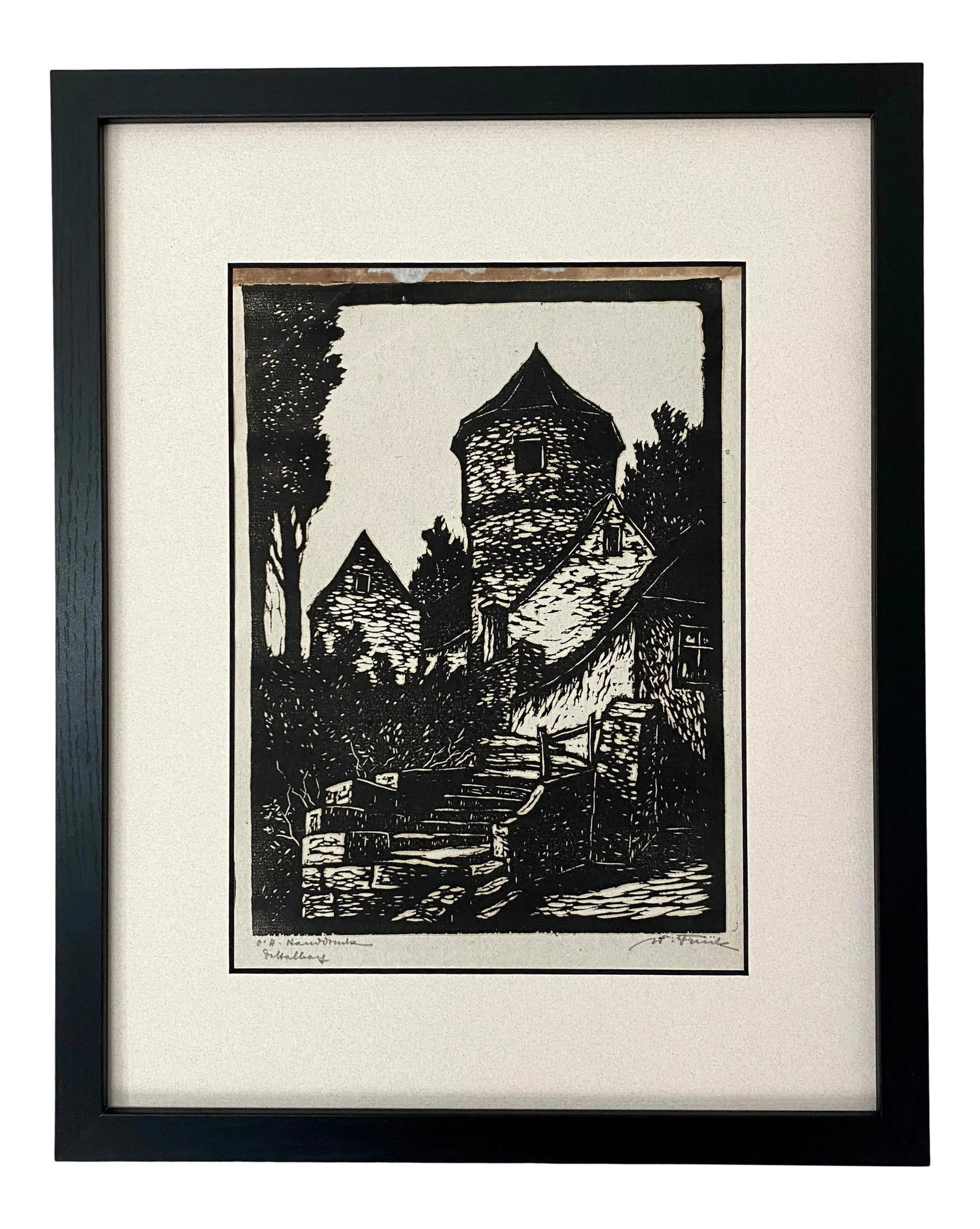 Late 19th Century Signed Woodcut by Wilhelm Funk, Framed: Wilhelm Funk (German/American, 1866-1949) Signed woodcut of house on hill. Title is illegibly inscribed on the left hand corner and signed "W. Funk" on the right. Heavily pigmented ink on China