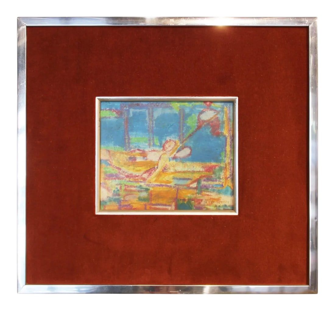 "In the Summer" Figurative Abstract Impressionism Pastel Signed M.N. 1970s: Figurative abstract pastel drawing of three figures that appear to be around a pool. The work is titled by the artist and signed. It is framed in a silver frame with a red velvet matte. Dimensions