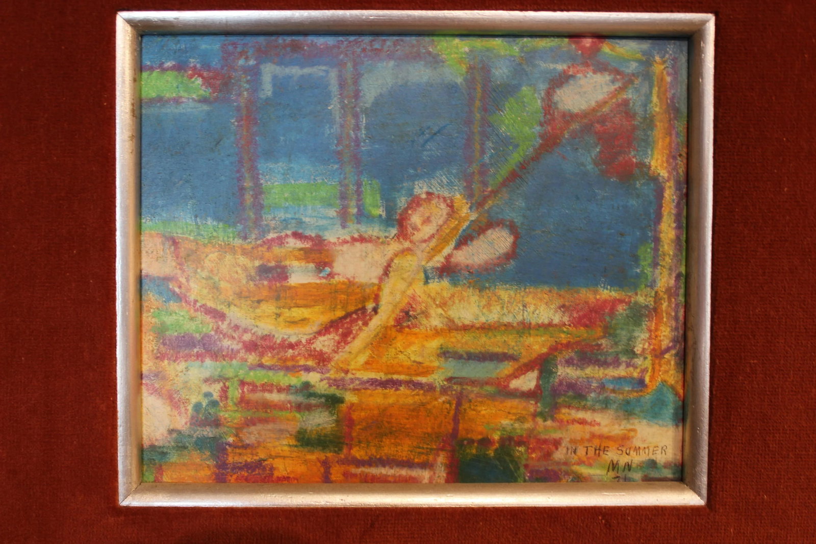 "In the Summer" Figurative Abstract Impressionism Pastel Signed M.N. 1970s - 2