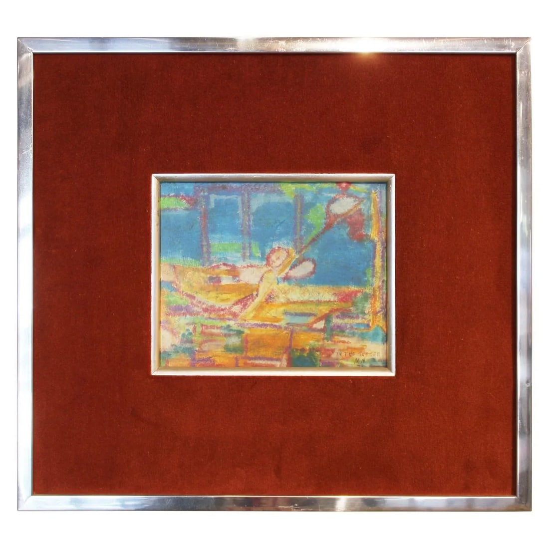 "In the Summer" Figurative Abstract Impressionism Pastel Signed M.N. 1970s - 5
