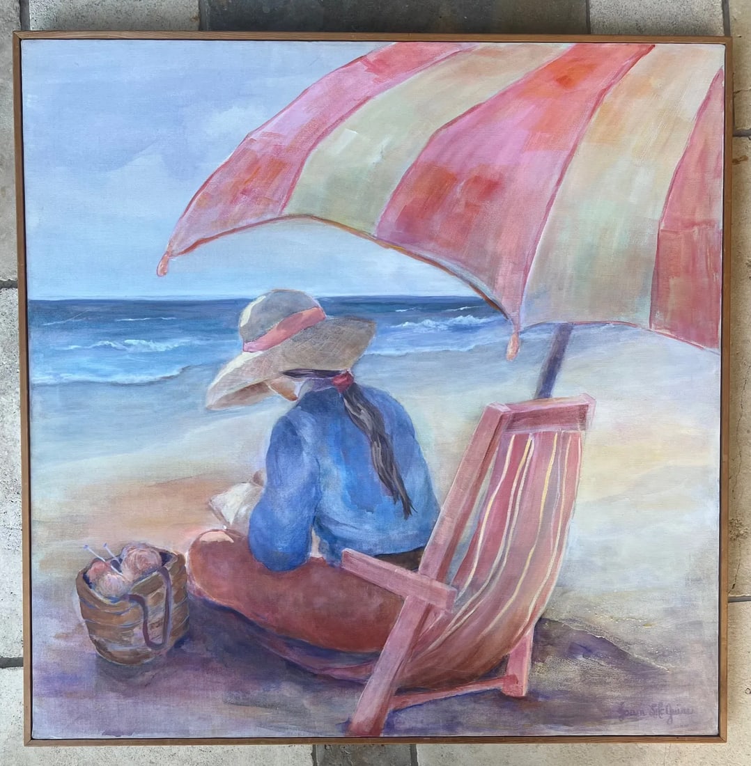 Summer at the Beach Acrylic Painting, Bohemian Style, Signed, 1980s - 10