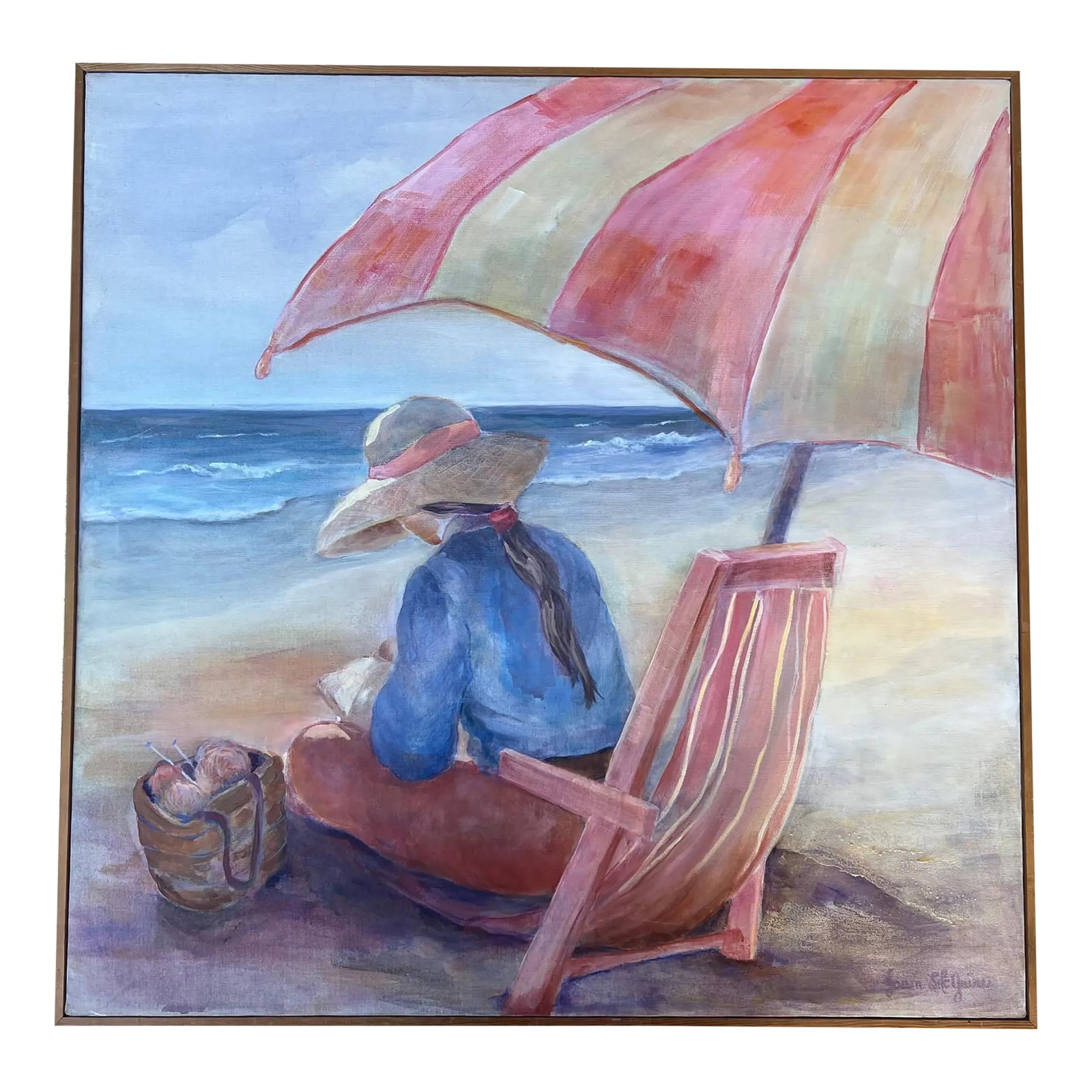 Summer at the Beach Acrylic Painting, Bohemian Style, Signed, 1980s: Large square acrylic painting on canvas signed by the artist and titled "Summer at the Beach". Framed in simple light wood. Condition: Alterations: Original Condition Unaltered Imperfections: Some