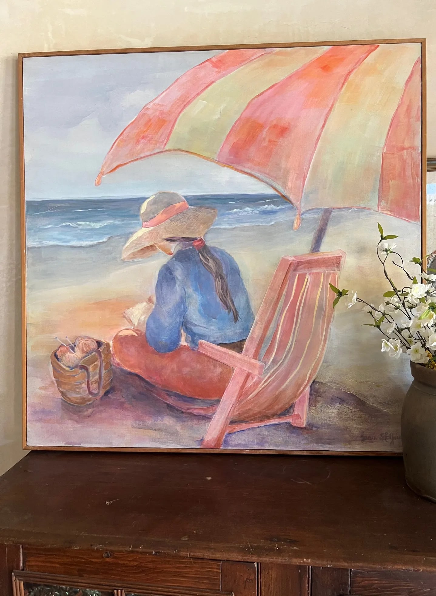 Summer at the Beach Acrylic Painting, Bohemian Style, Signed, 1980s - 2