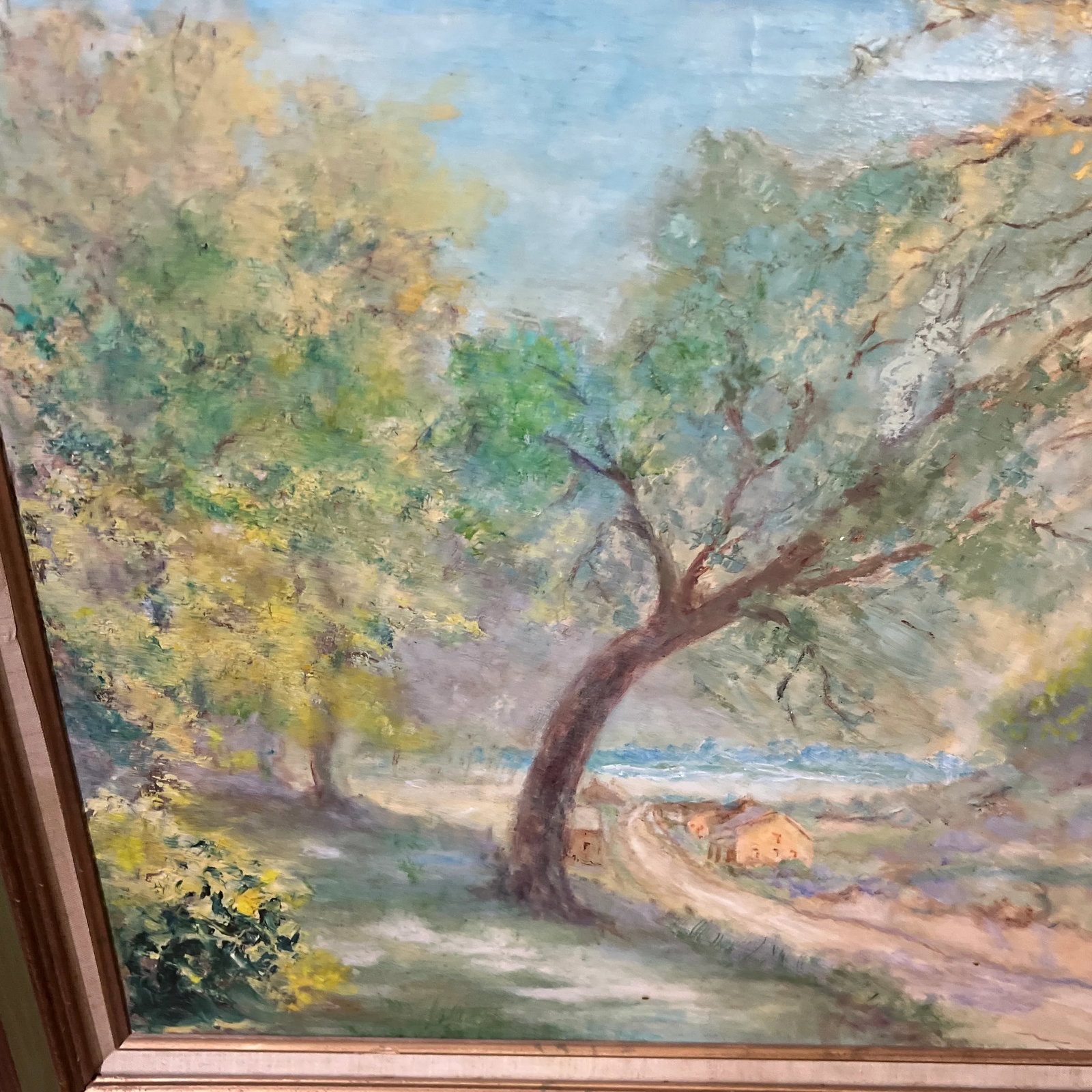20th Century Oil on Canvas American School Landscape Village Road Framed Signed - 2