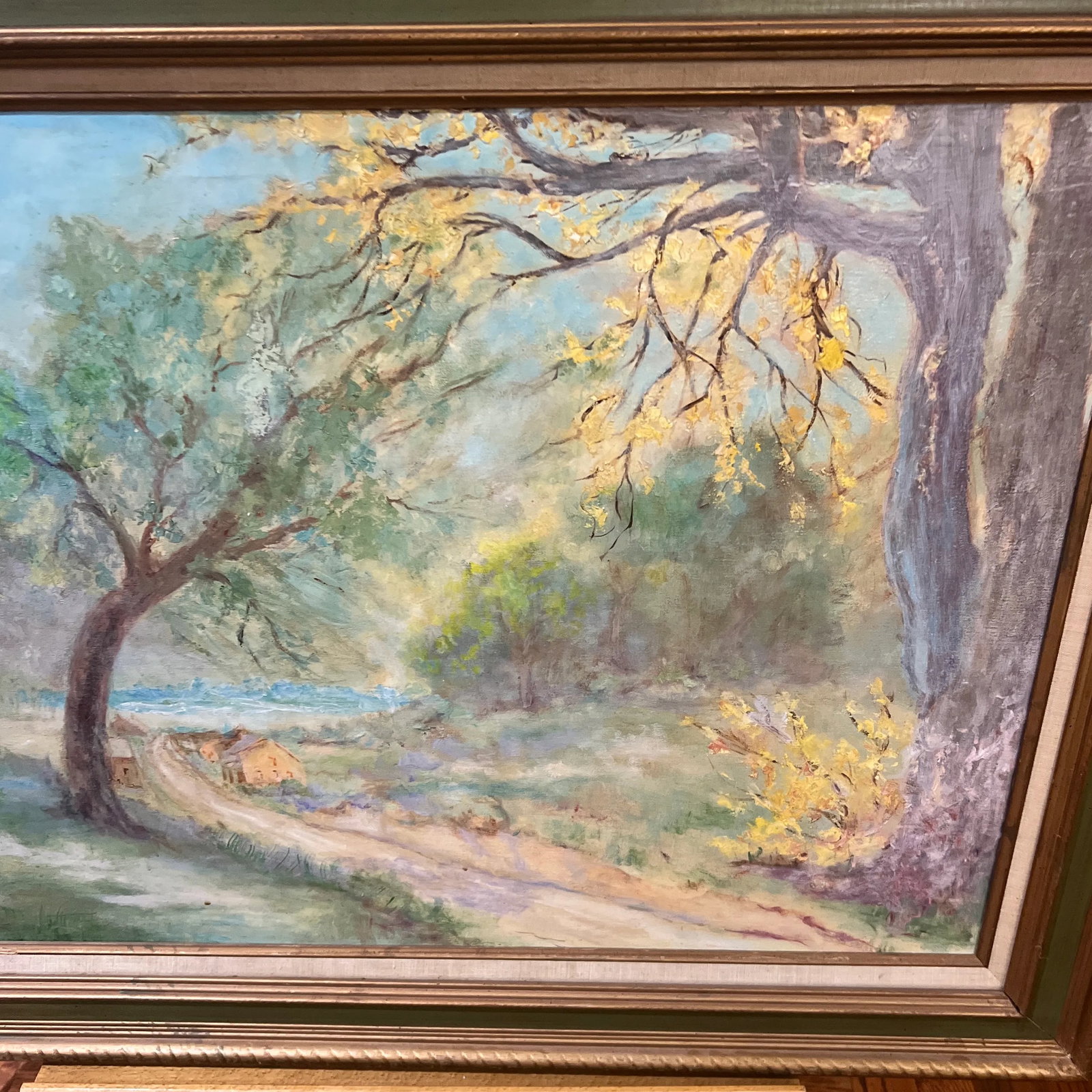 20th Century Oil on Canvas American School Landscape Village Road Framed Signed - 3