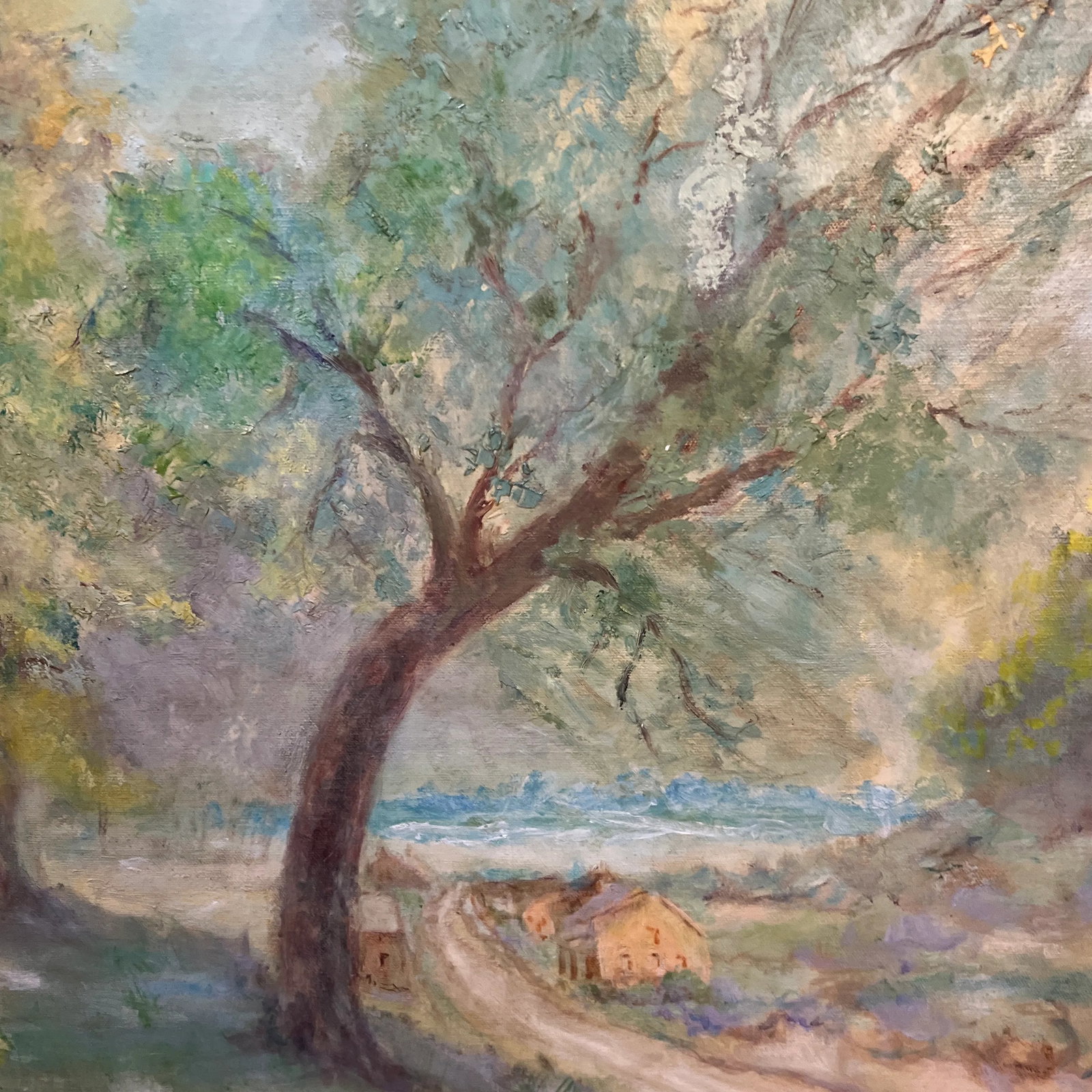 20th Century Oil on Canvas American School Landscape Village Road Framed Signed - 6
