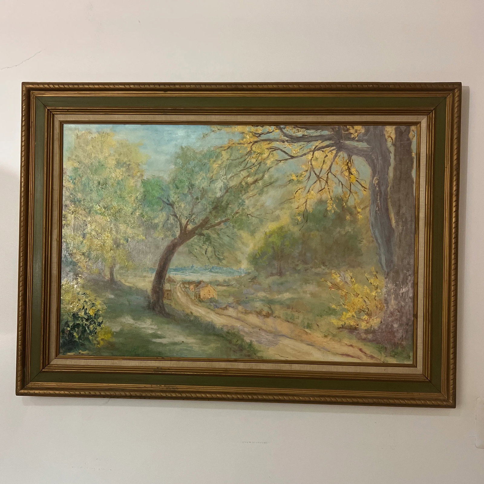 20th Century Oil on Canvas American School Landscape Village Road Framed Signed - 9