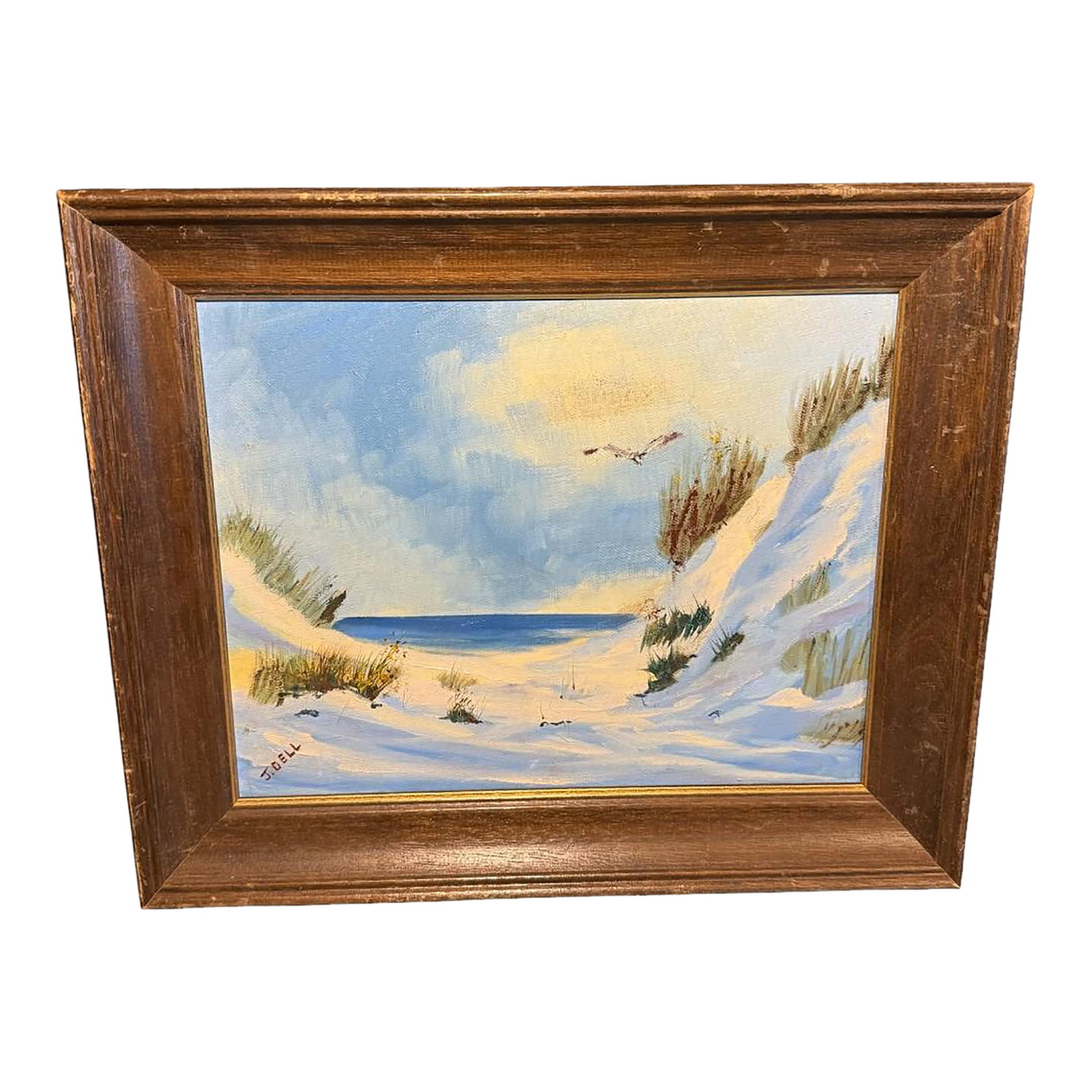 Late 20th Century Cape Cod Sand Dunes - Original Oil Painting Signed J. Dell, 17'' * 14'' (Framed): Original oil painting on canvas panel signed by J. Dell, depicting the windswept sand dunes and shoreline of Cape Cod. The work captures coastal grasses, ocean horizon, and seagulls in flight, rendere