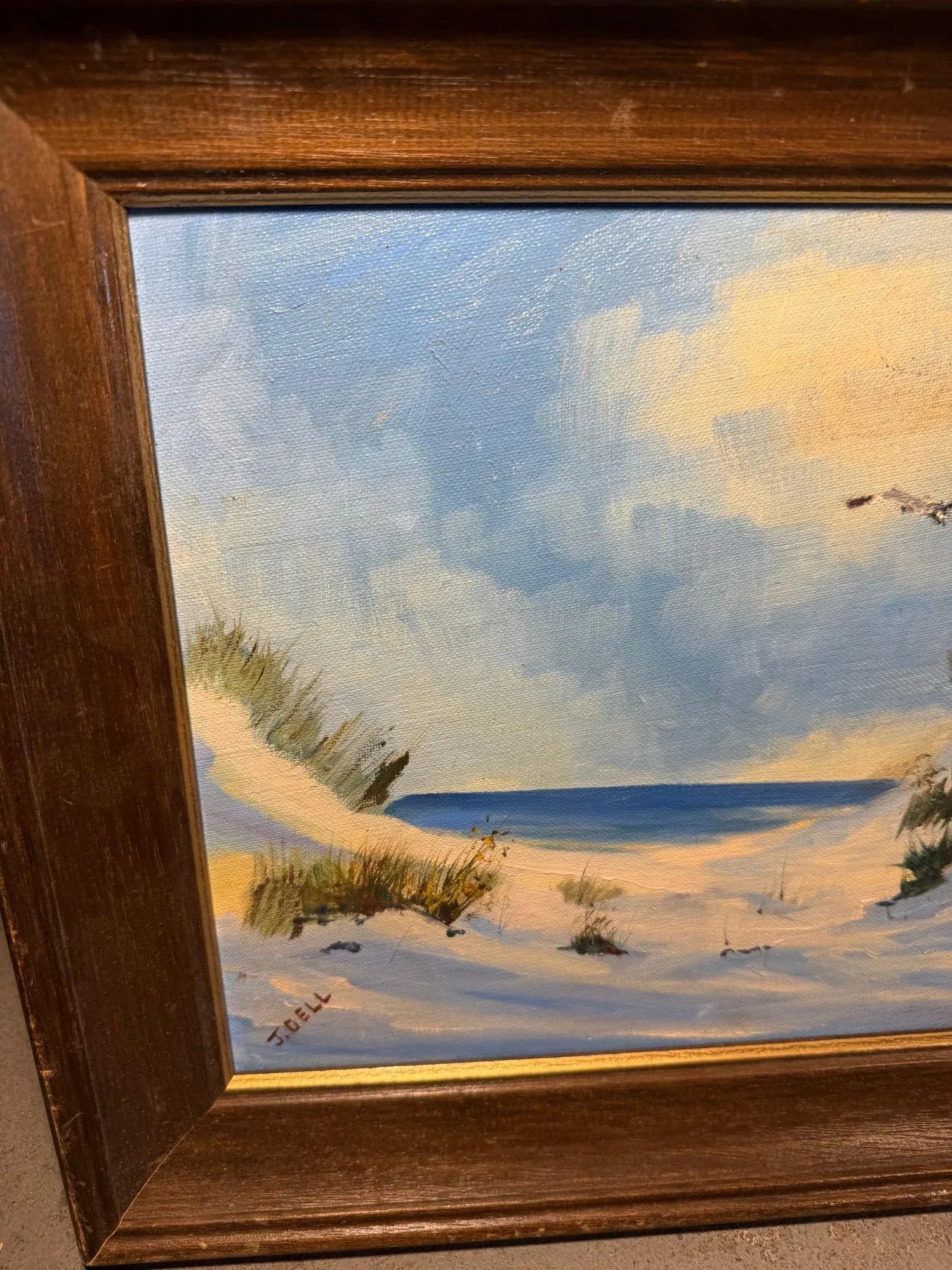 Late 20th Century Cape Cod Sand Dunes - Original Oil Painting Signed J. Dell, 17'' * 14'' (Framed) - 2