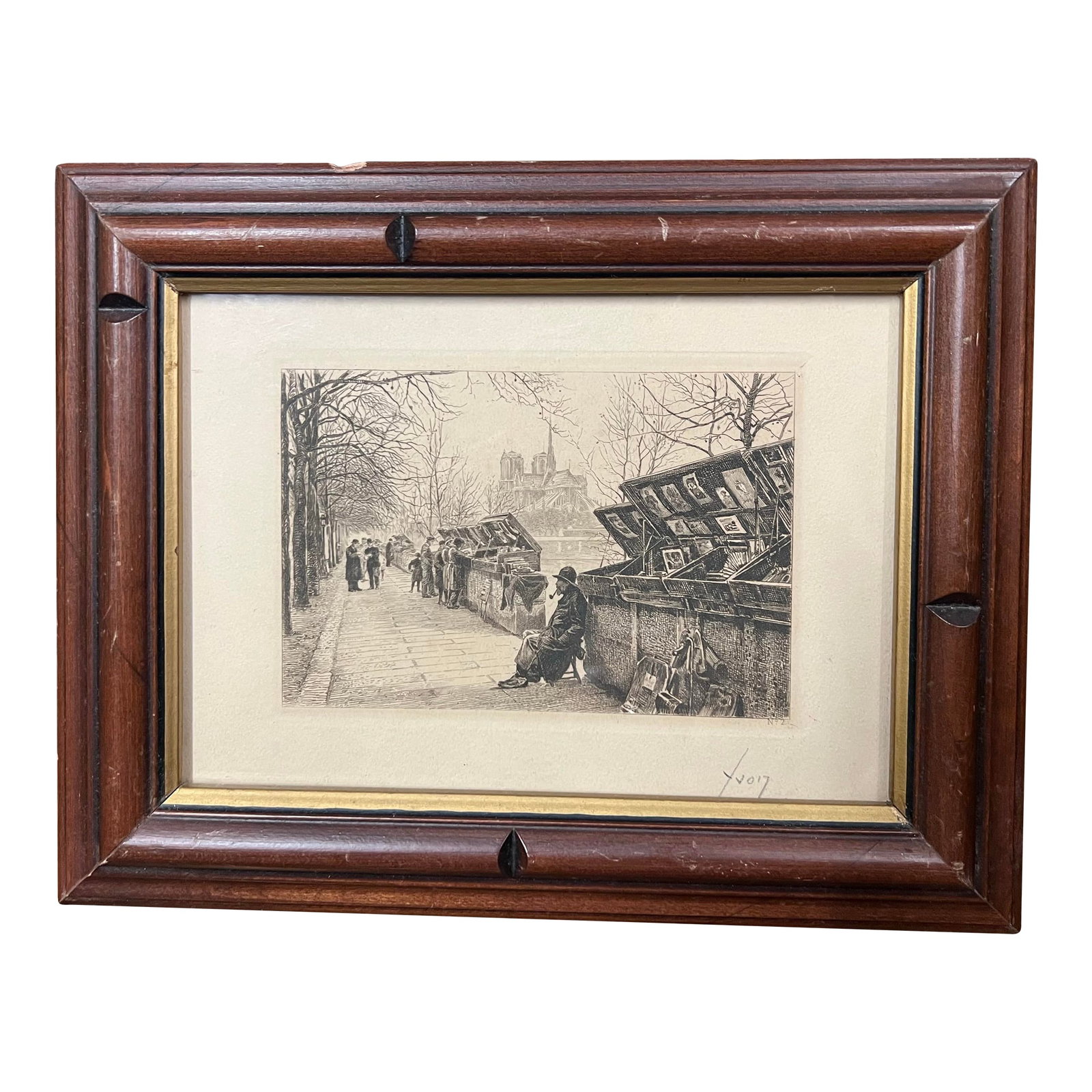 1940s "Les Bouquinistes" French Signed Etching by Yvon Monay, Framed: A wonderful framed etching pencil signed by Yvon of a man selling prints along the Seine River in Paris. "Les bouquinistes" translates to second-hand booksellers or booksellers in English. They are