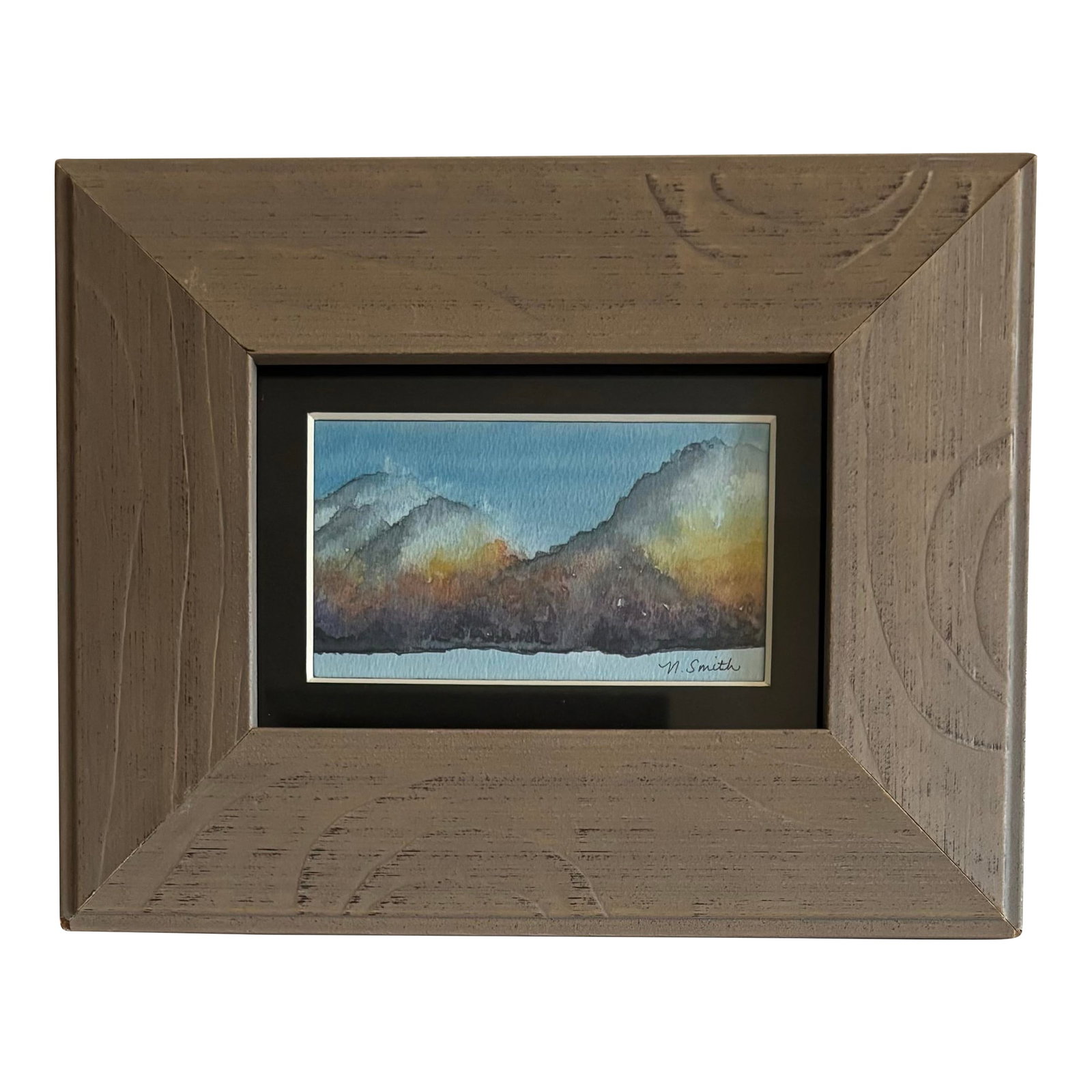 Original Watercolor Cloudscape Miniature - Framed and Signed: This original miniature watercolor painting beautifully captures a dramatic drifting cloudscape. Soft washes of gray and white clouds intermingle with warm tones of gold, orange, and blue, evoking
