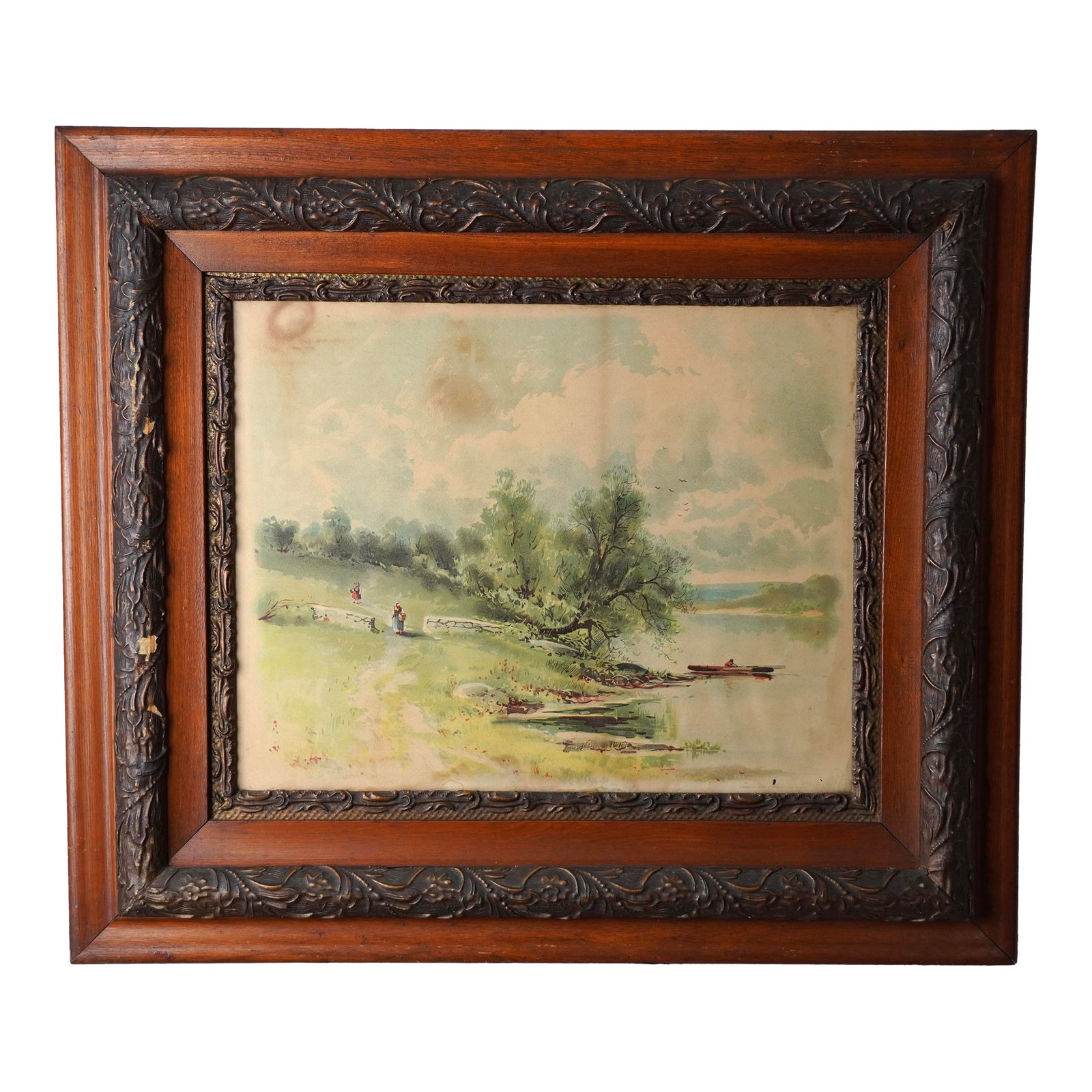 Antique Victorian Print of Tranquil Riverside Scene Signed S. A. Mullholland Dated 1897: This antique Victorian print, signed S. A. Mullholland and dated 1897, depicts a tranquil riverside scene. Figures in the foreground stroll along a country path bordered by stone walls, while lush
