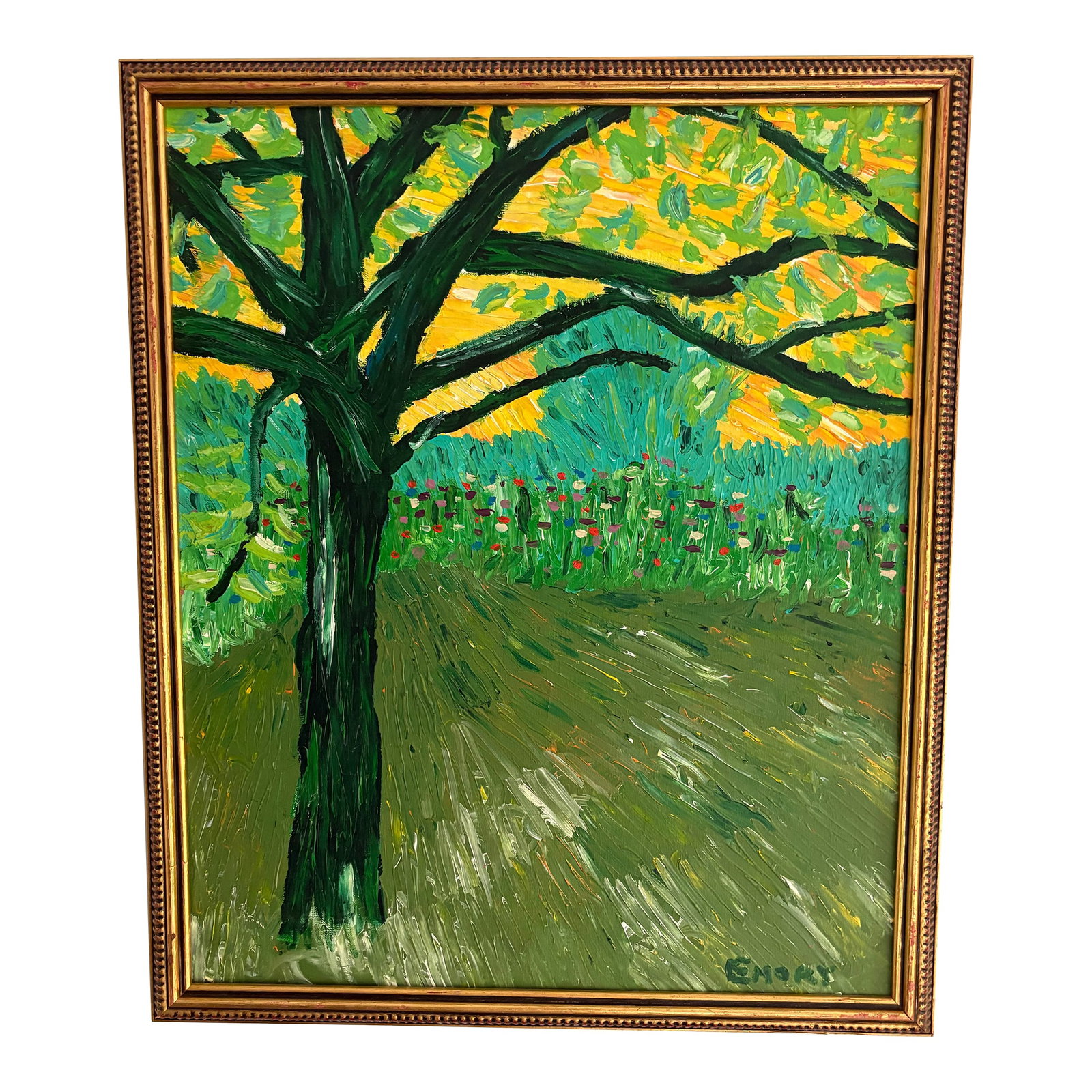 20th Century Oil on Canvas Landscape Signed Emory: Naive style of painting with lots of brushstrokes and texture. Subject is a tree in a field. Beautiful vibrant colors framed in a gold frame. Condition: Alterations: Original Condition Unaltered Imper