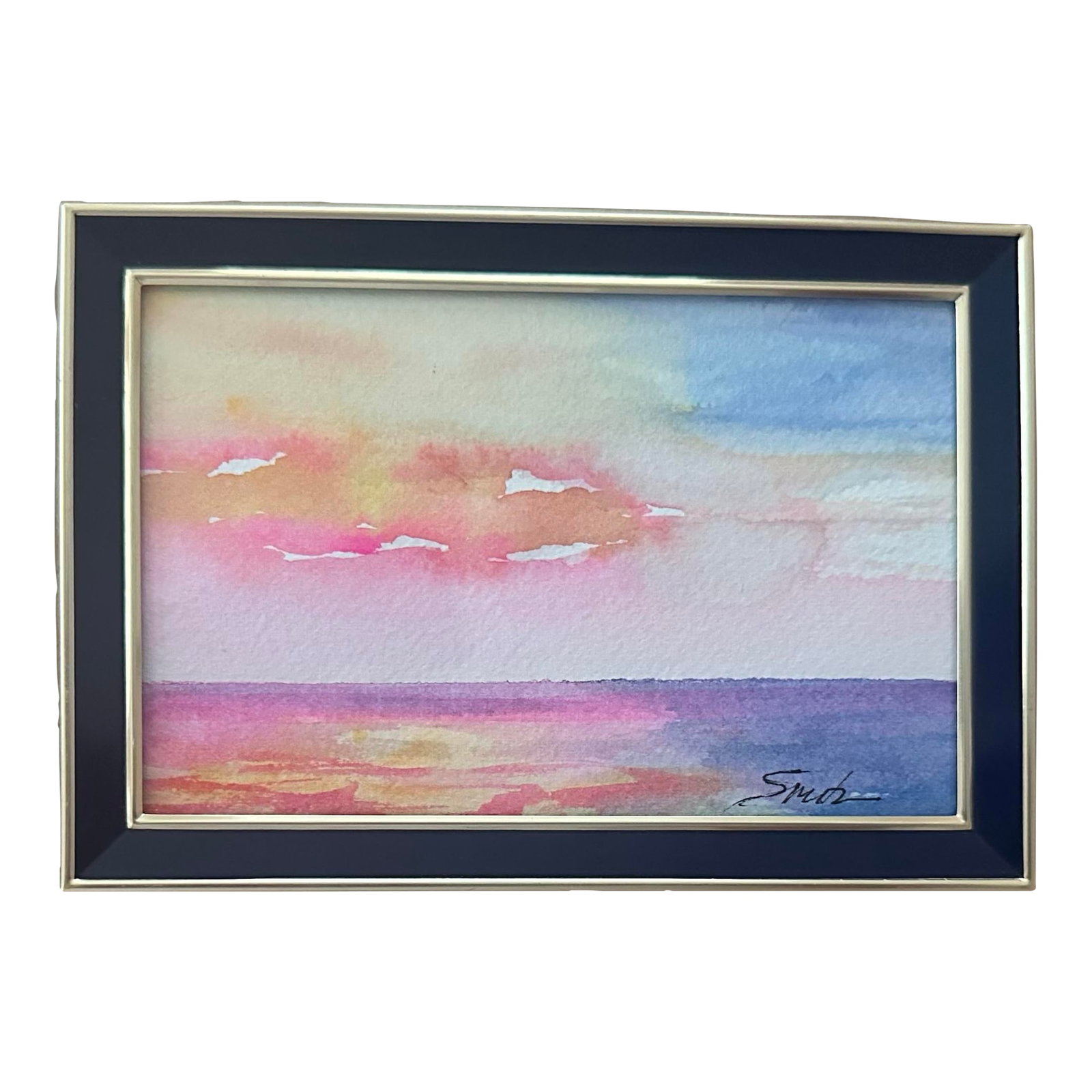 Miniature Framed Seascape Signed Original Watercolor "Sunset Glow" by Nancy Smith: This vibrant miniature watercolor features a dreamy sunset over a calm sea in pink, gold, and blue hues. Nicely framed in a sleek navy and gold-toned frame. Signed by the artist. Condition: