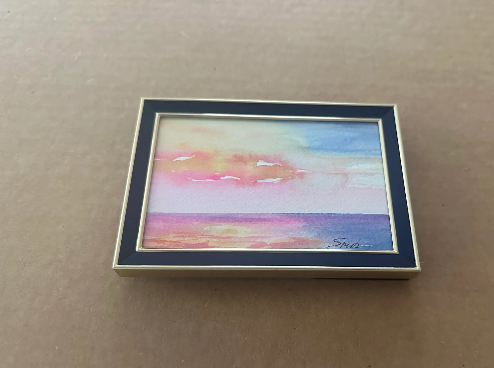 Miniature Framed Seascape Signed Original Watercolor "Sunset Glow" by Nancy Smith - 2