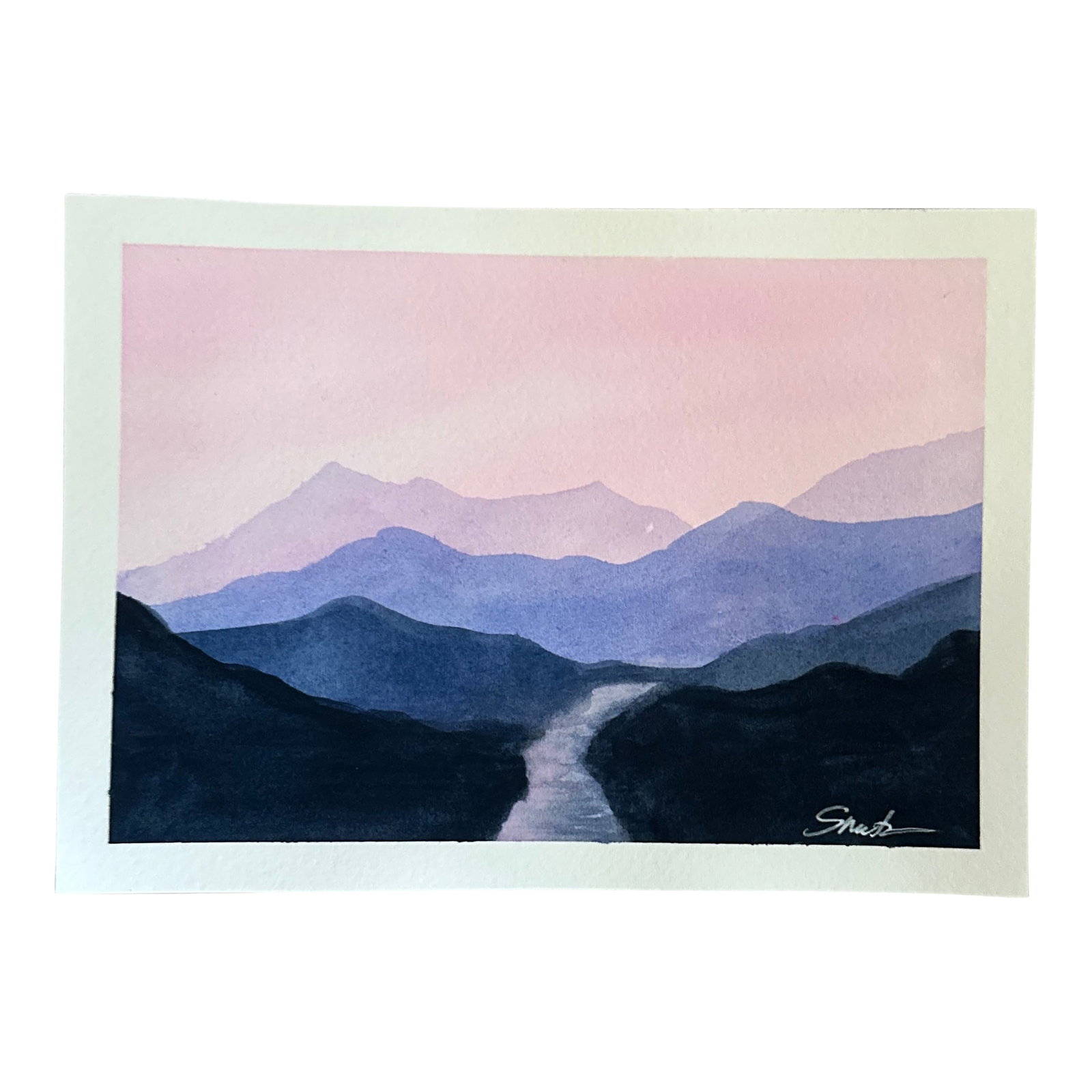 "Twilight Path" Signed Original Watercolor Landscape by Nancy Smith: Soft pinks and purples layer distant mountain ranges, with a winding path leading toward the horizon. Dreamlike and calming. Signed and ready to frame. Condition: Imperfections: No Imperfections