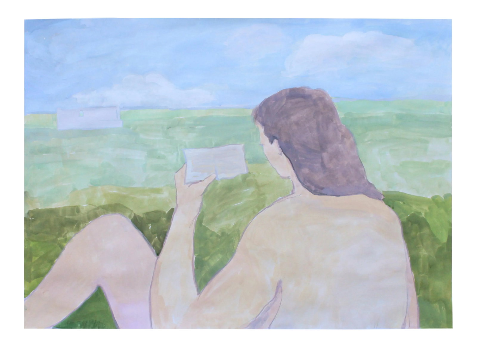 "Reading Near the Monument" Contemporary Figurative Watercolor and Gouache Painting by Michelle Farr: An original painting from the Renaissance Garden series. The gouache and watercolor painting shows a nude woman reading, an expansive landscape and monument in the distance. The original painting is
