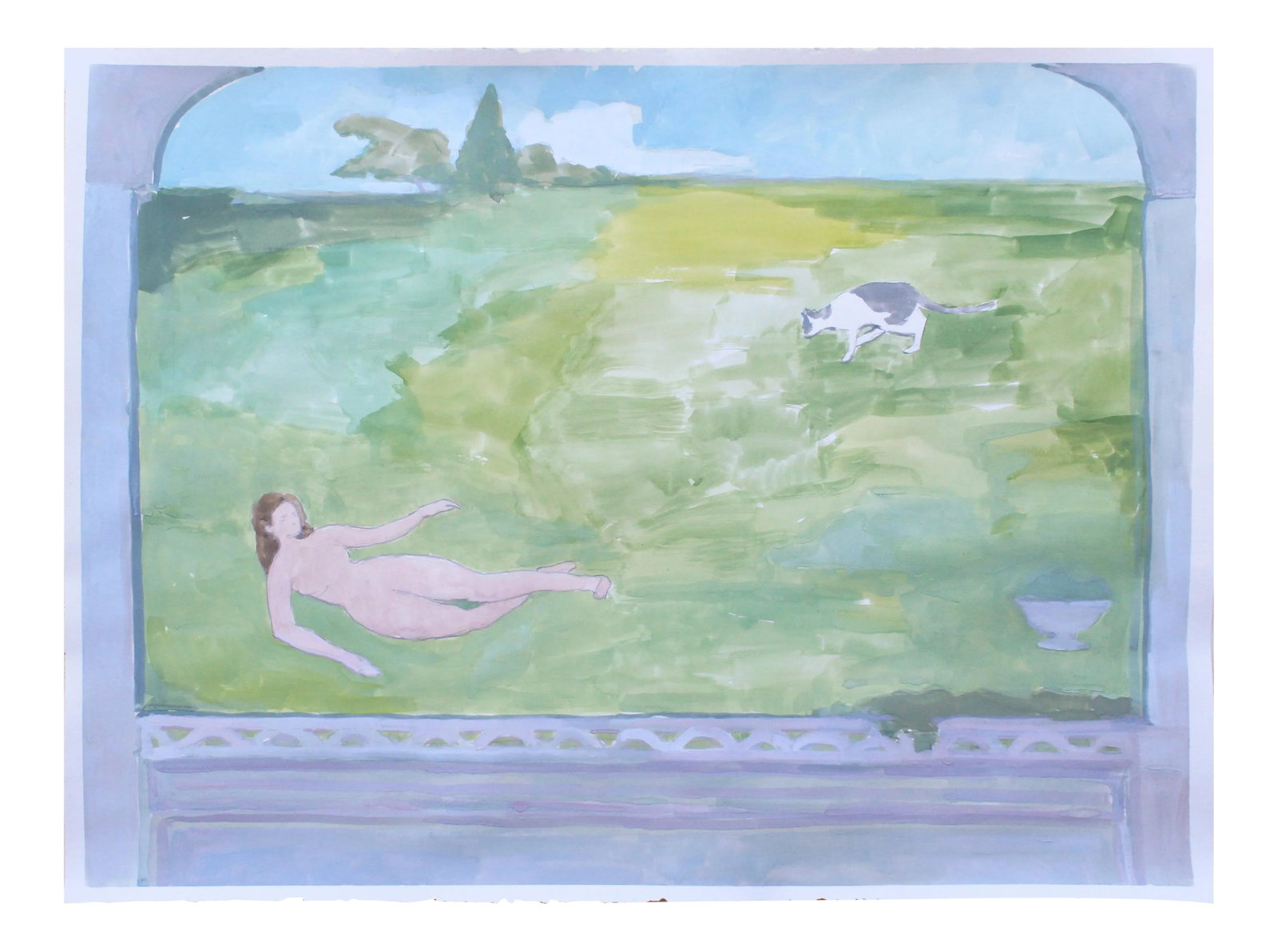 "Giardino Segreto" Contemporary Figurative Nude Watercolor and Gouache Painting by Michelle Farro: An original painting from the Renaissance Garden series. The gouache and watercolor painting shows a nude woman with a white and gray cat, reclining in a secret garden. The original painting is
