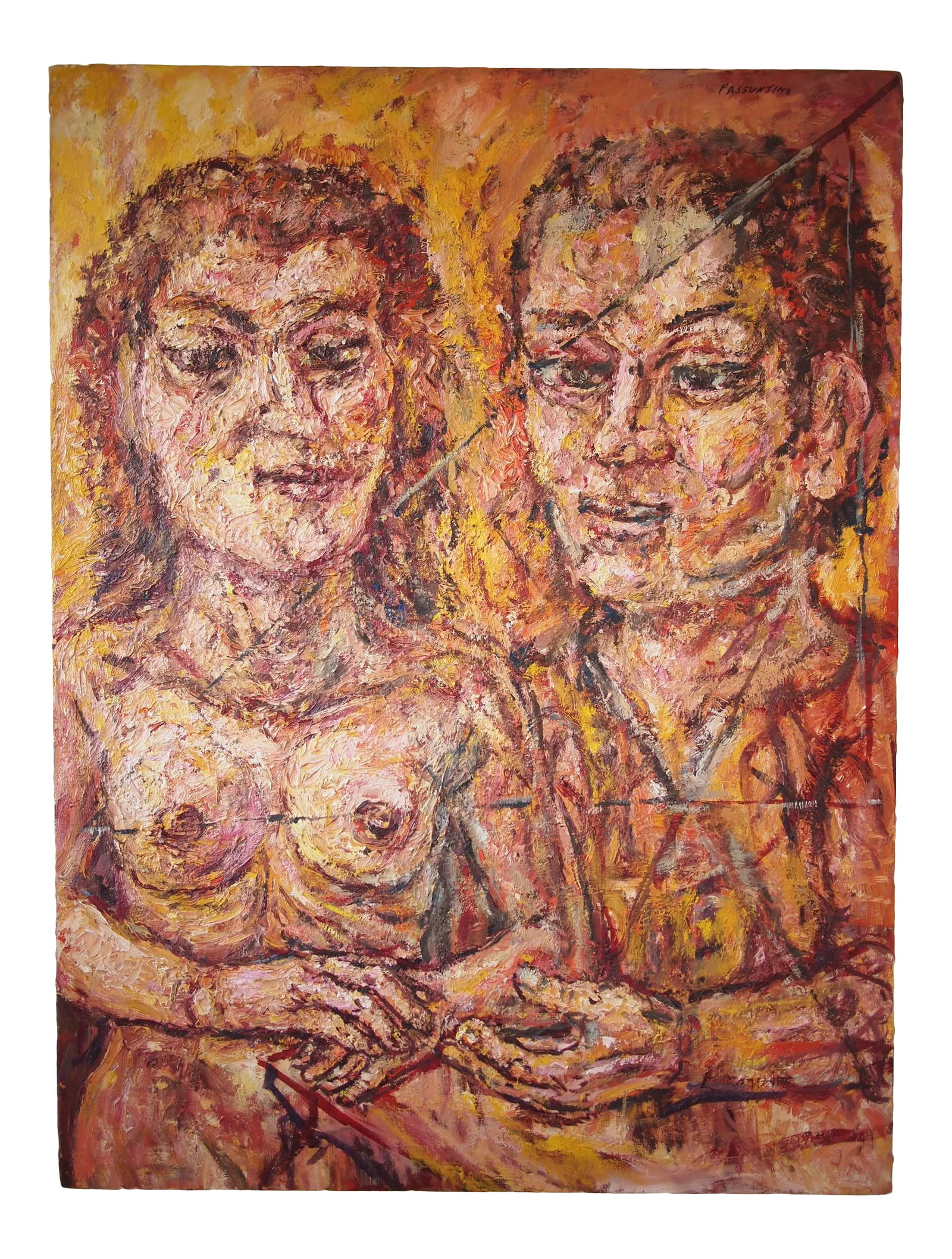 Original Expressionist Peter Passuntino Abstract Painting of Nude Woman Couple: Interesting, large-scale abstract expressionist nude painting by PETER PASSUNTINO (b. 1936). Thick impasto oil paint on stretched canvas. Signed upper right and verso. Approximate dimensions: 48"