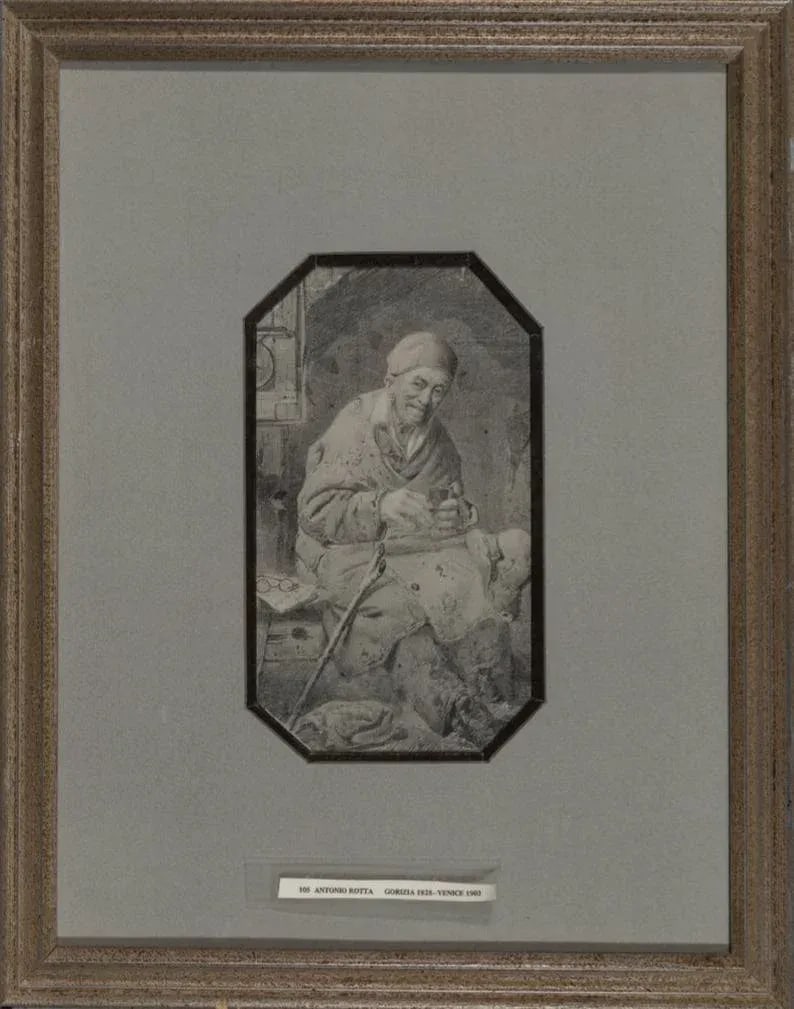 Original 19th Century Antonio Rotta Italian School Signed Drawing: A 19th century Italian School, drawing on paper by Antonio Rotta (1828-1903), A miser. Signed. Matted. Framed. Approx 16.5"H, 13"W, .75"D (overall) 14.5" x 11" (visible) PROVENANCE: Giovanni Piancaste