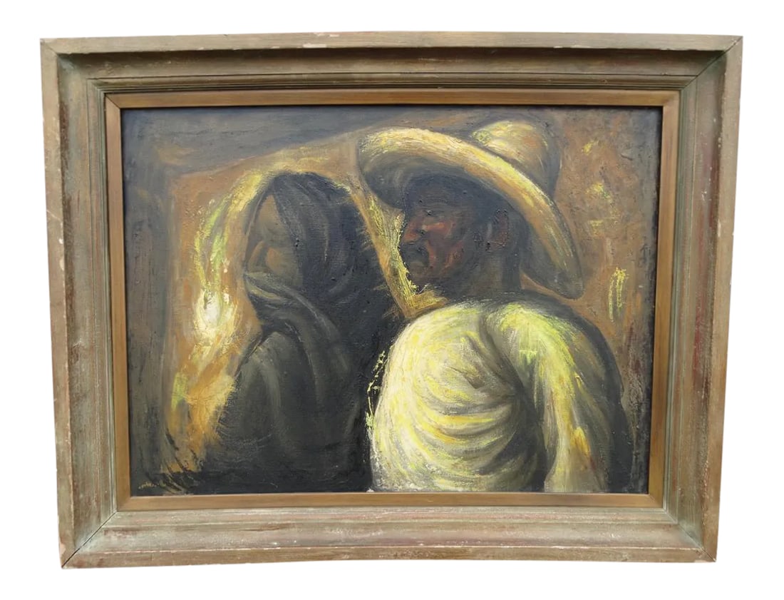 Jesus Ortiz Tajonar (1919-1990) Campesino Couple Oil on Canvas: A beautifully observant double portrait, full of emotion and power and movement. 1930s-40s. The art is 22 1/2" 29 1/2", and its frame measures 28 1/2" x 36 1/4". Jesus Ortiz Tajonar (1919-1990).