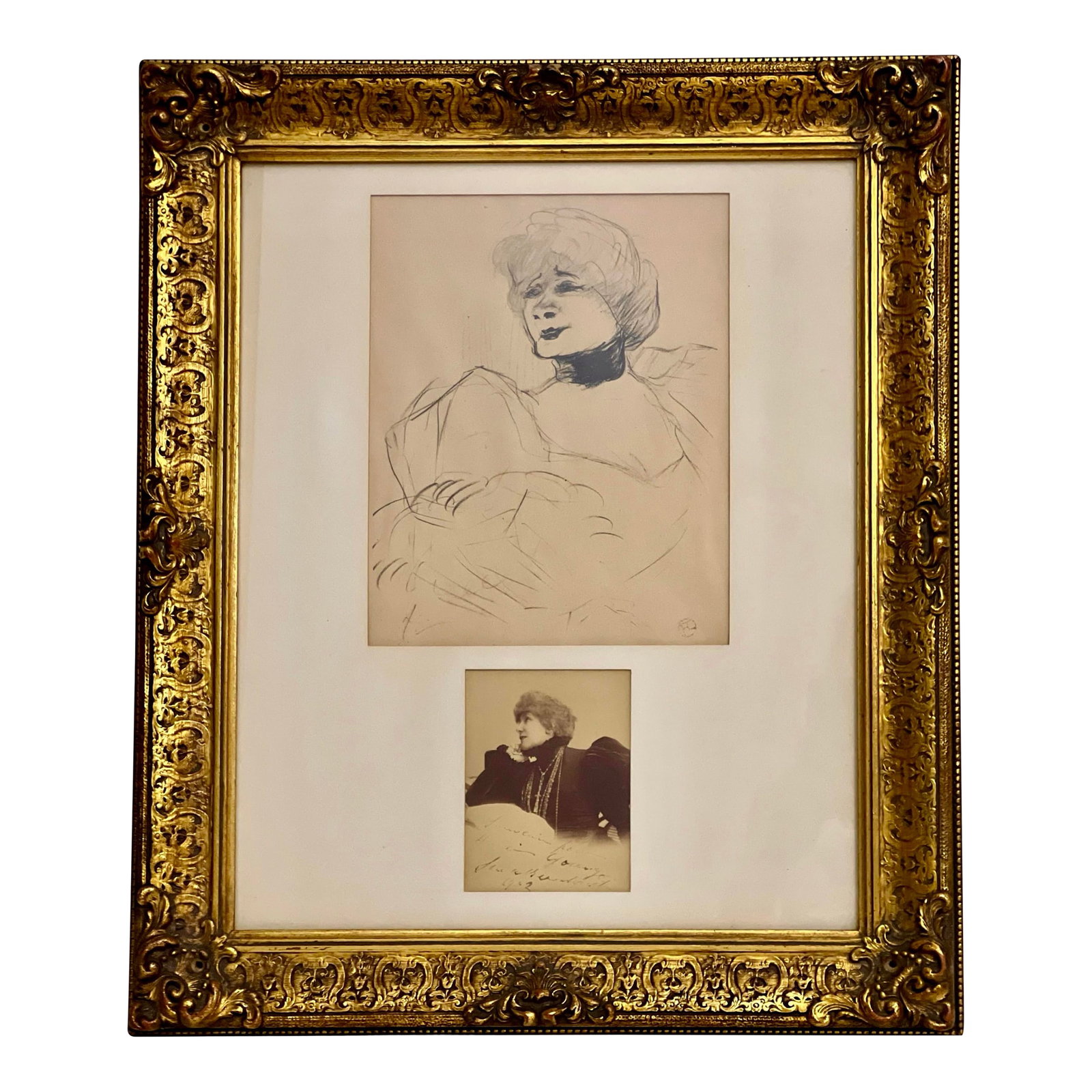 Signed Photo Sarah Bernhardt and Lithograph Marcelle Lender by Toulouse-Lautrec: Unique giltwood framed display of a signed photo of Sarah Bernhardt accompanied by a lithographic etching of Marcelle Lender by Henri de Toulouse-Lautrec (1864-1901). Both ladies were highly