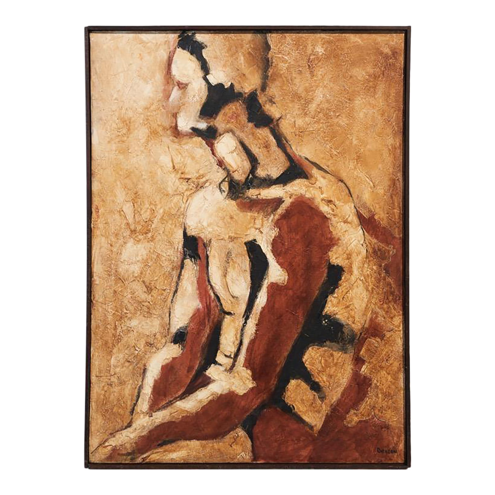 1960s Abstract Male Figure Original Oil Painting on Canvas, Signed by Artist Alice Denson: An expressive, abstract depiction of a seated male figure, painted in the mid-20th century by artist Alice Denson. Incredible warm, earthy palette of browns, rust reds, and blacks dominate this