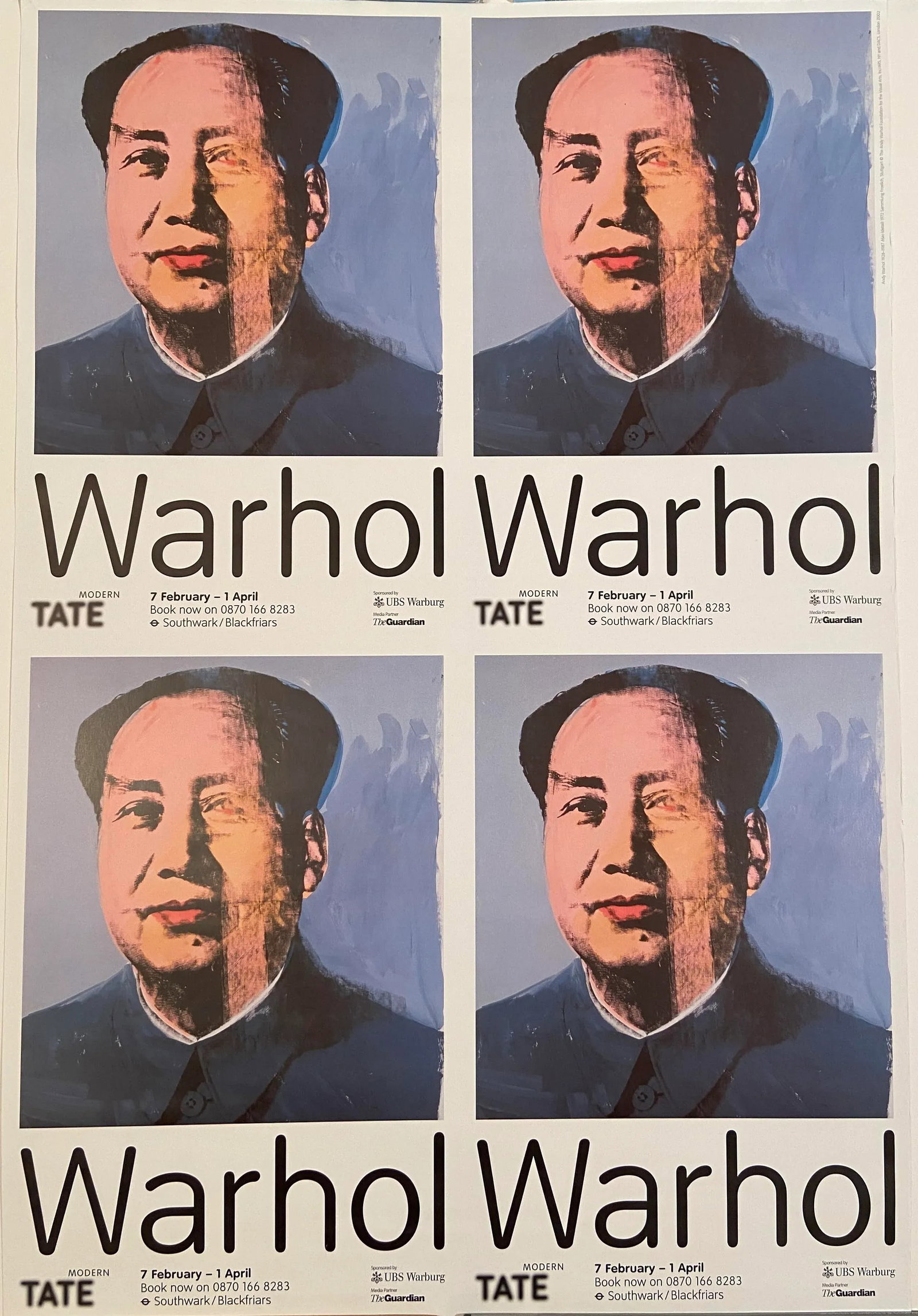 1990s Andy Warhol Mao Museum Exhibition Poster: Andy Warhol super rare lithograph museum exhibition poster of Mao from Tate Modern. Made in the 1990s. Condition: Alterations: Original Condition Unaltered Imperfections: Some Imperfections Condition