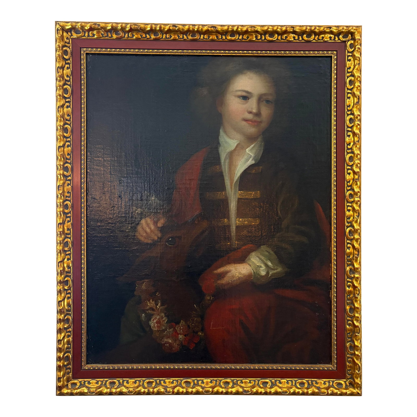 Nineteenth Century Oil Painting of Young Lad & His Dog: This beautifully executed 19th C. oil painting captures a dapper young gentleman. His loyal dog looks up at him, perhaps ready for a game of fetch! Each detail, such as the expression on the boy's