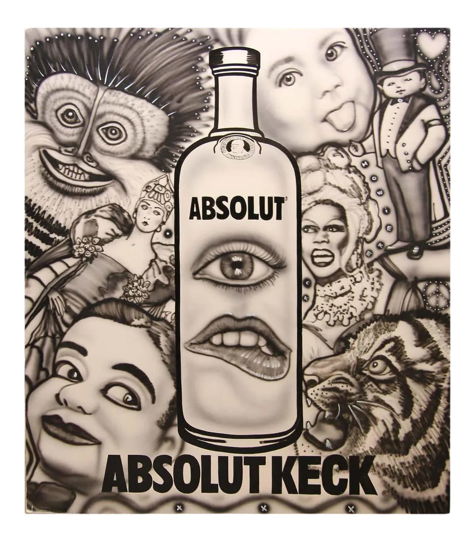 2000s "Absolut Keck" Abstract Surrealist Black and White Airbrush Painting by Howie Keck: Abstract surrealist black and white airbrush painting of an Absolut Vodka bottle surrounded by a variety of figures. The piece includes the faces of animals, toys, babies and women. The work is not