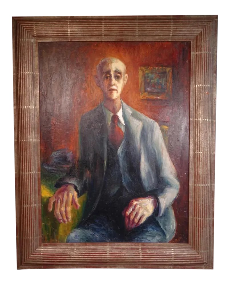Circa 1940s "Portrait of an Old Friend" Oil Painting by Burr Singer, Framed: This is a spectacular portrait, almost painful in its penetration, a real exploration of her sitter's soul. A brutally intimate work by a unique talent. Measures 18 1/4" x 24", frame is 23 1/4" x 29 1