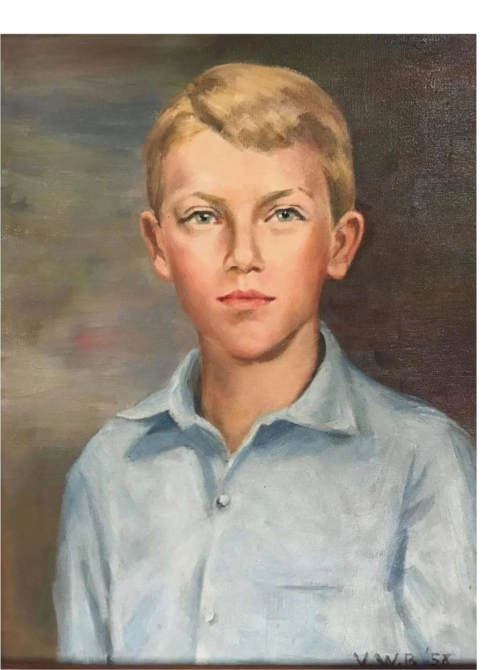 1950s Portrait of Young Boy Oil Painting: Oil painting on Canvas, Portrait of Young Boy, unframed, 20 inches x 16 inches , Signed lower right V.W.B 58 Condition: Alterations: Original Condition Unaltered Imperfections: Some Imperfections