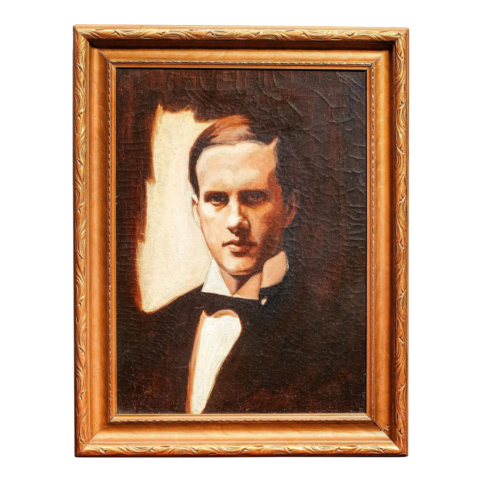 Fantastic Signed South American Portrait Antique Oil Painting: This captivating antique oil painting on canvas depicts a refined gentleman with a brooding gaze and an air of quiet authority. The subject is portrayed in a formal tuxedo with a crisp white bow tie,