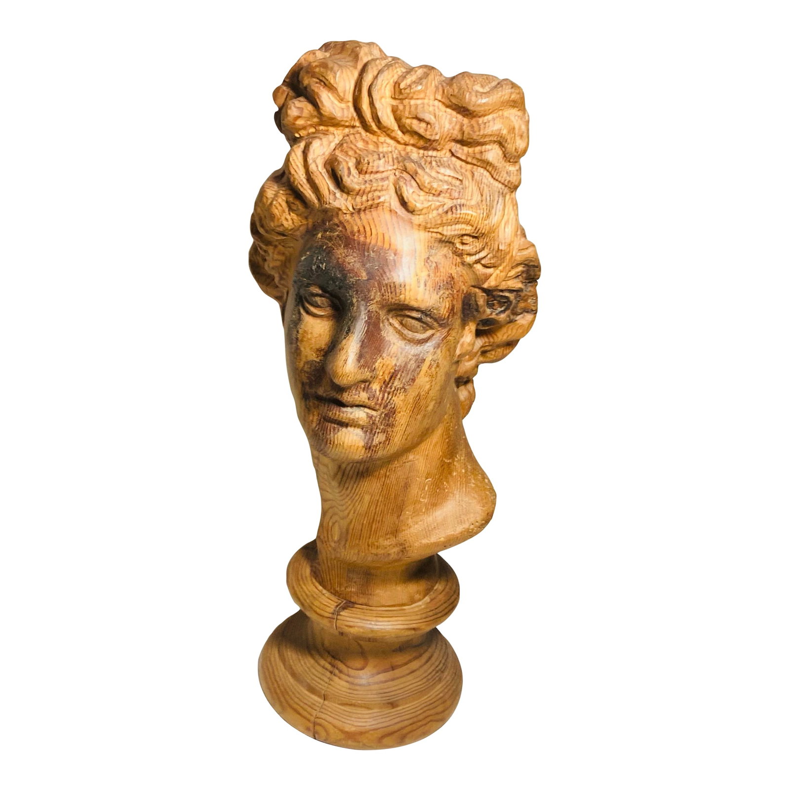 Vintage Hand Carved Wood Bust of the God Apollo: Classical hand carved bust of Apollo in pine beautiful graining throughout the wood Condition: Alterations: Original Condition Unaltered Imperfections: Some Imperfections Condition Notes: Excellent pr