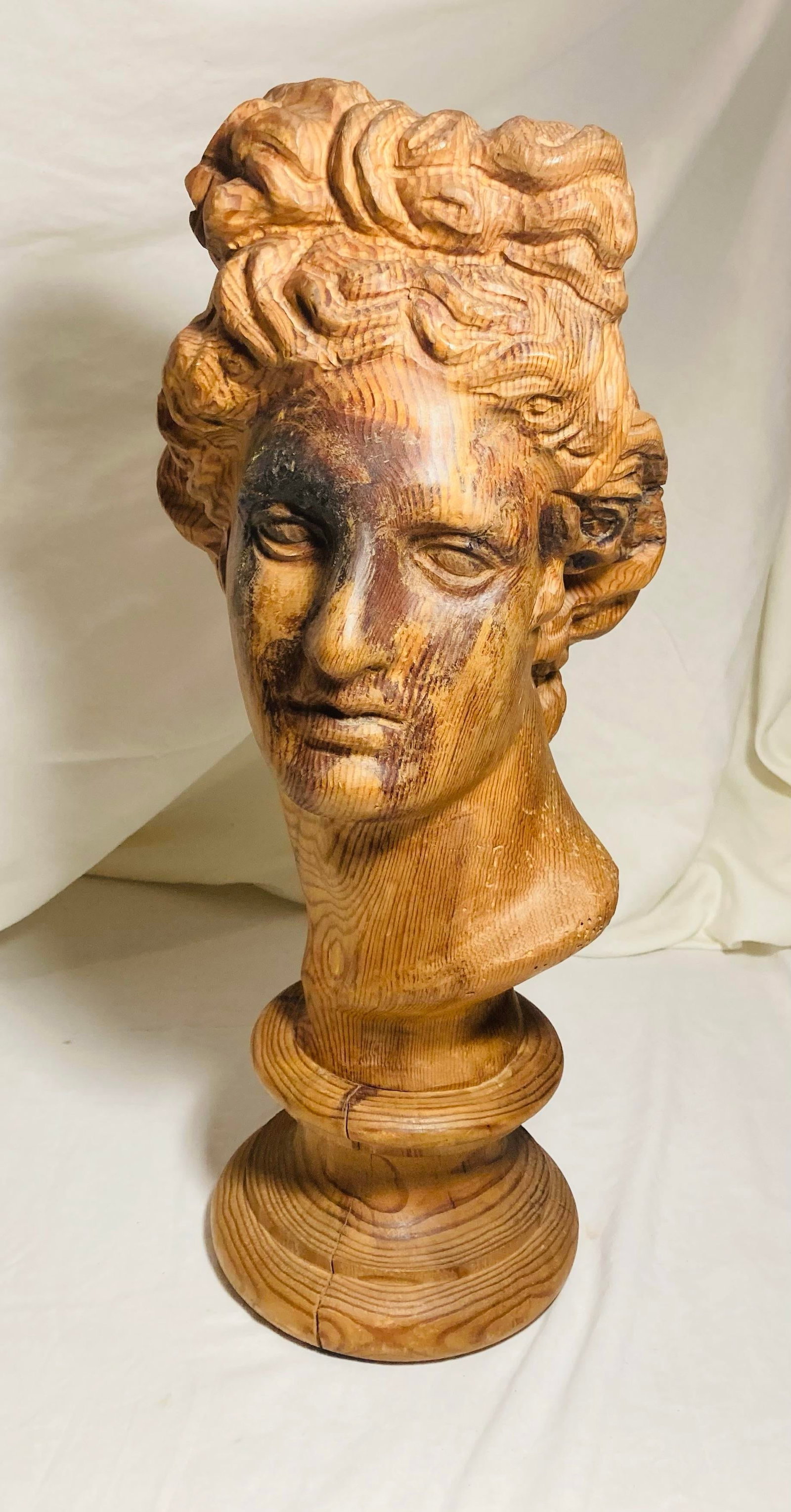 Vintage Hand Carved Wood Bust of the God Apollo - 2
