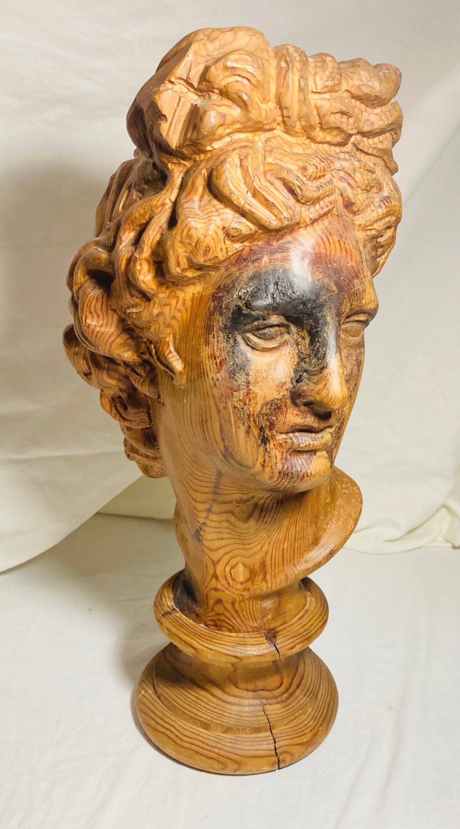 Vintage Hand Carved Wood Bust of the God Apollo - 6