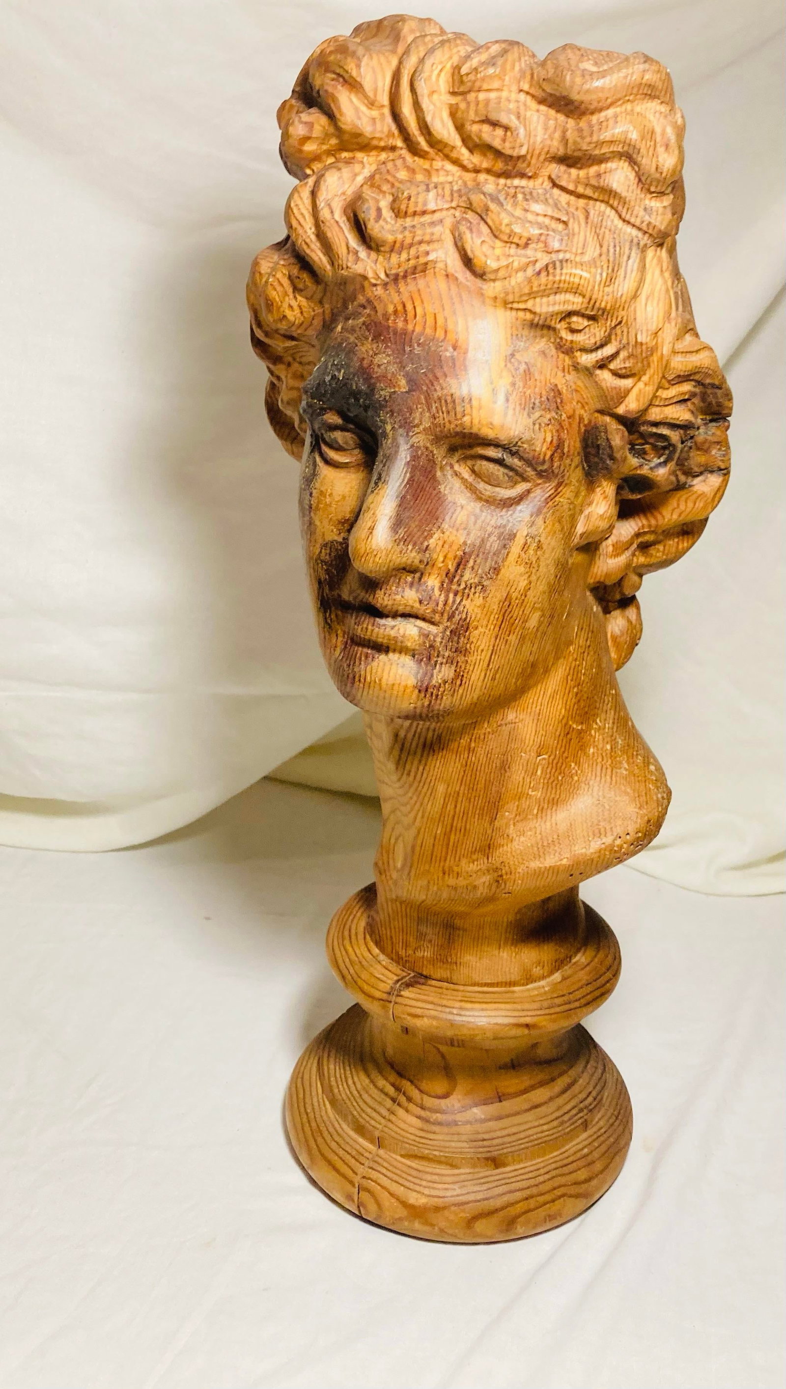 Vintage Hand Carved Wood Bust of the God Apollo - 7