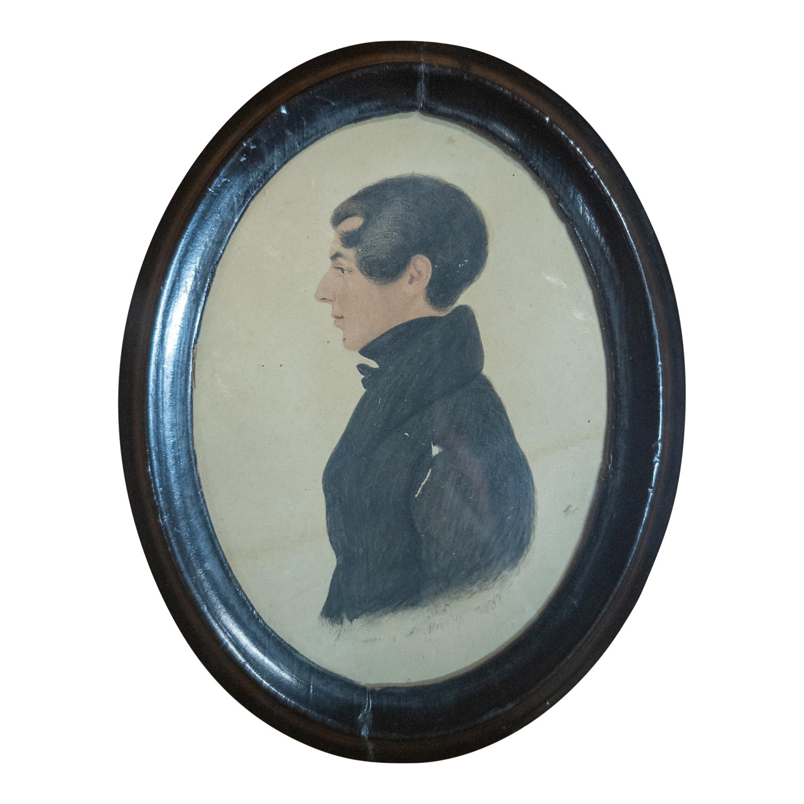19th Century Miniature Folk Art Portrait of a Young Gentleman Dated 1831: We are selling this fine little portrait of a young gentleman. This 19th century American portrait is executed in side profile on paper done with watercolor. The painting is signed faintly beneath