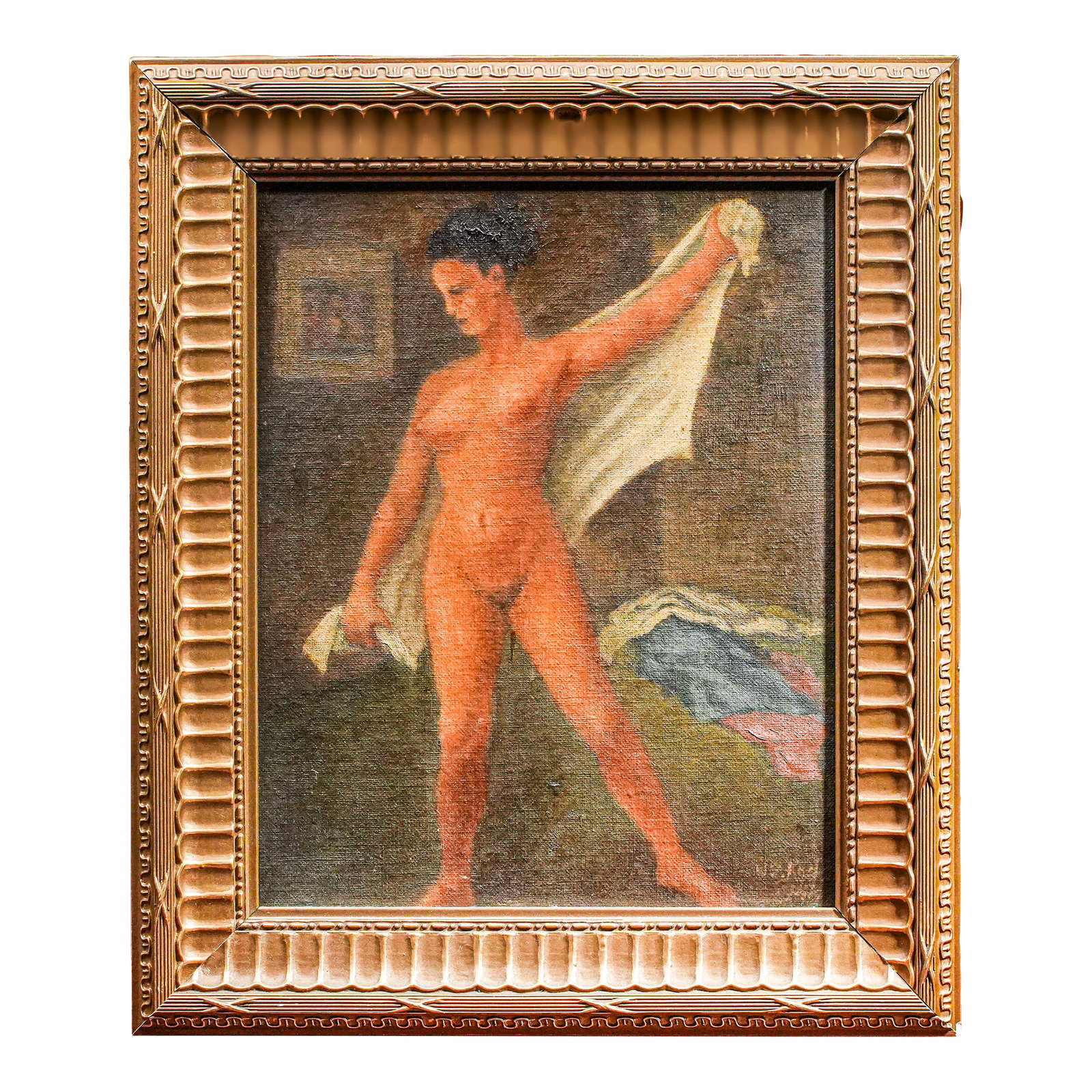 Evocative Antique Framed Oil Painting Portrait Nude Female Woman Art: An evocative and beautifully composed painting, this vintage artwork portrays a nude female figure standing gracefully, a soft cloth held in her hands, with a tidy pile of garments gathered at her fee