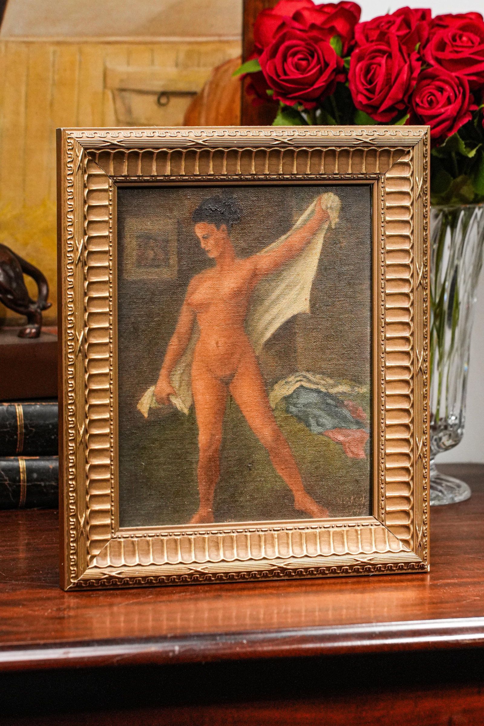 Evocative Antique Framed Oil Painting Portrait Nude Female Woman Art - 2