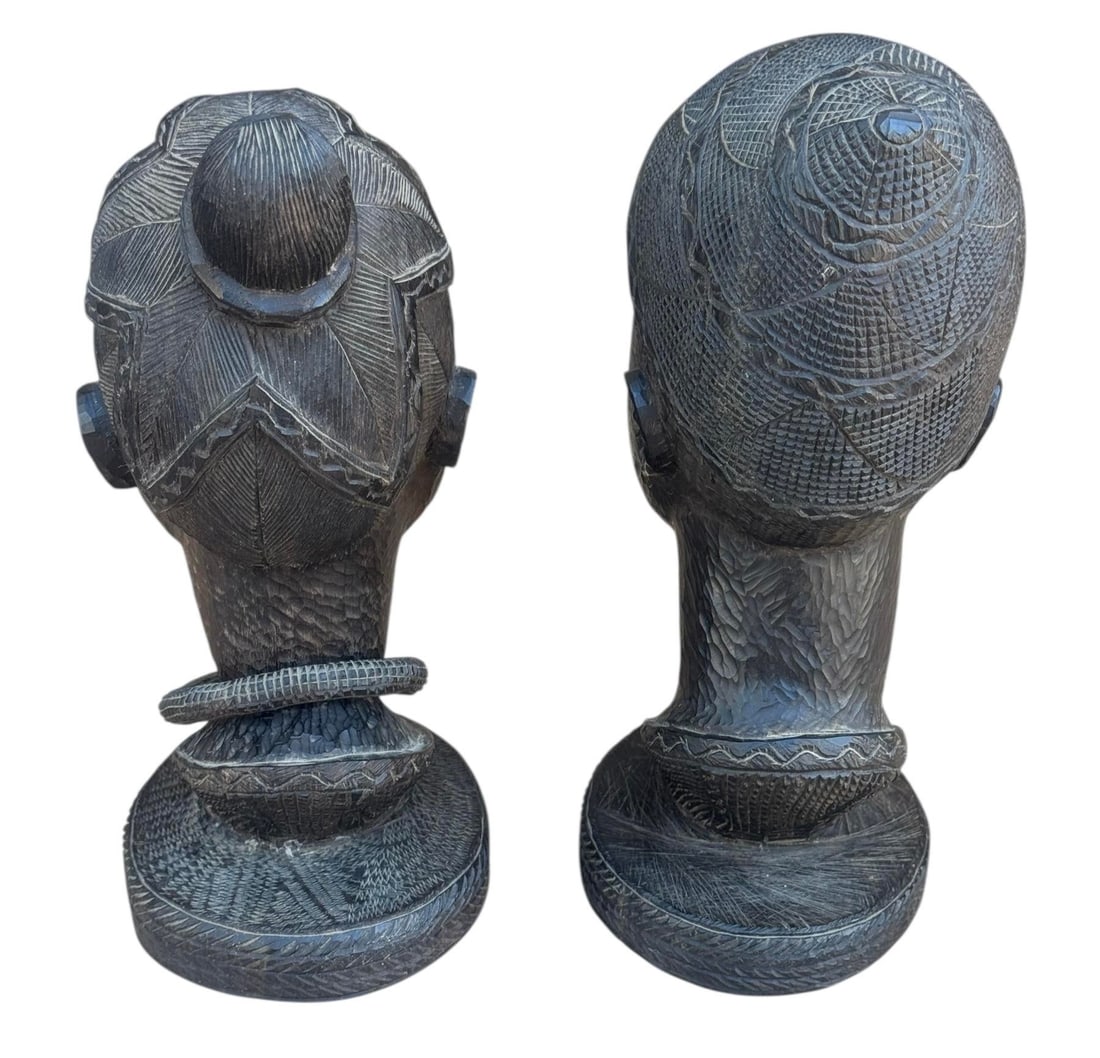 Pair of Mid 20th Century Male & Female Nigerian Busts Hand Carved in Ebony Wood - 12