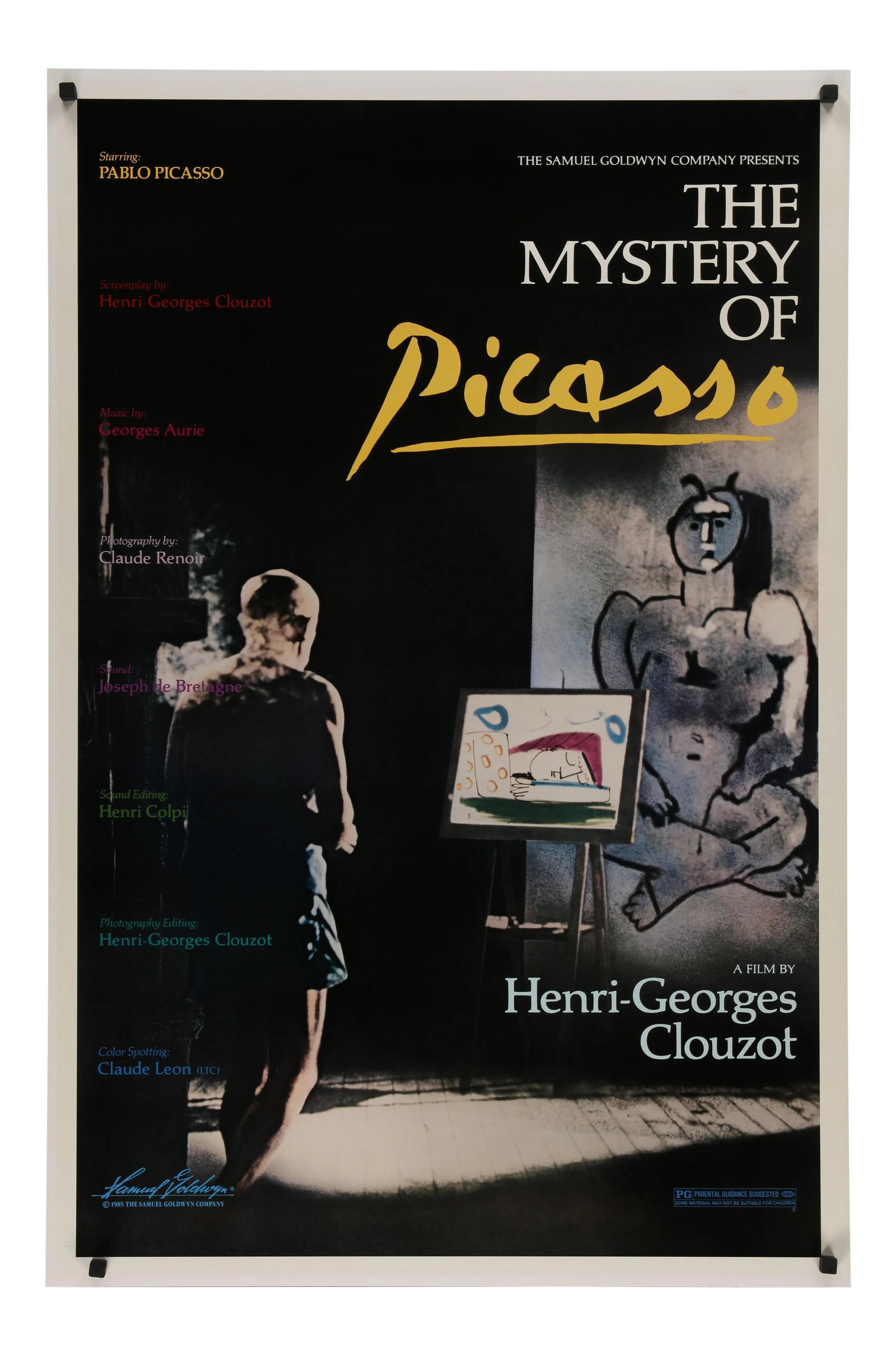 1986 "Mystery of Picasso (Le Mystere Picasso)" Movie Second Release Poster: Le Mystere Picasso (released in the U.S. as "The Mystery of Picasso" and in other English-speaking countries as "The Picasso Mystery"), the classic 1956 Henri-Georges Clouzot French artist painting