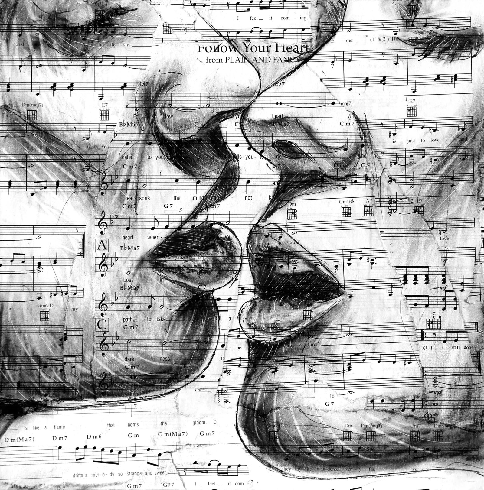 "The Greatest Thing You'll Ever Learn" Contemporary Abstract Figurative Mixed-Media Painting by Robe: Robert Lebsack creates artworks using mixed media with ink, acrylic, and charcoal on archival copies of newspapers, textbooks, and sheet music. As a visionary artist, Lebsack weaves thought-provoking 