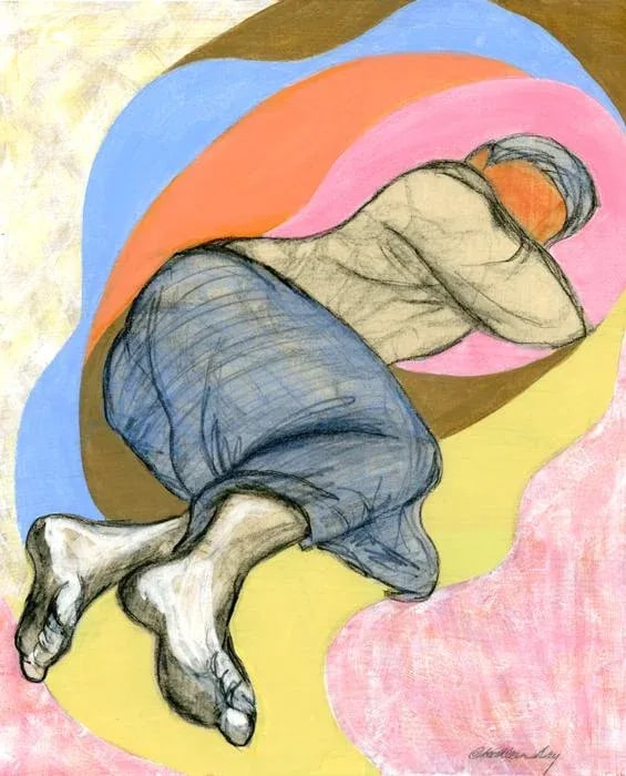 "20 Winks" Contemporary Abstract Figurative Mixed-Media Collage Painting: A mixed media collaged drawing and painting of a semi abstract figure with rounded shapes and with pretty pastel shades of coral orange, pink, blue and yellow. There's nothing like getting a full