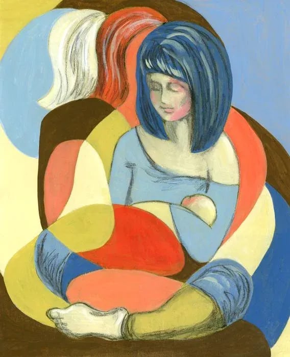 "Mother & Child" Contemporary Figurative Abstract Acrylic Painting: A mixed media collaged drawing and painting of semi abstract figures. "Mother & Child" has several layers of paint and paper which give it a richness and depth. Celebrating all the mothers who are