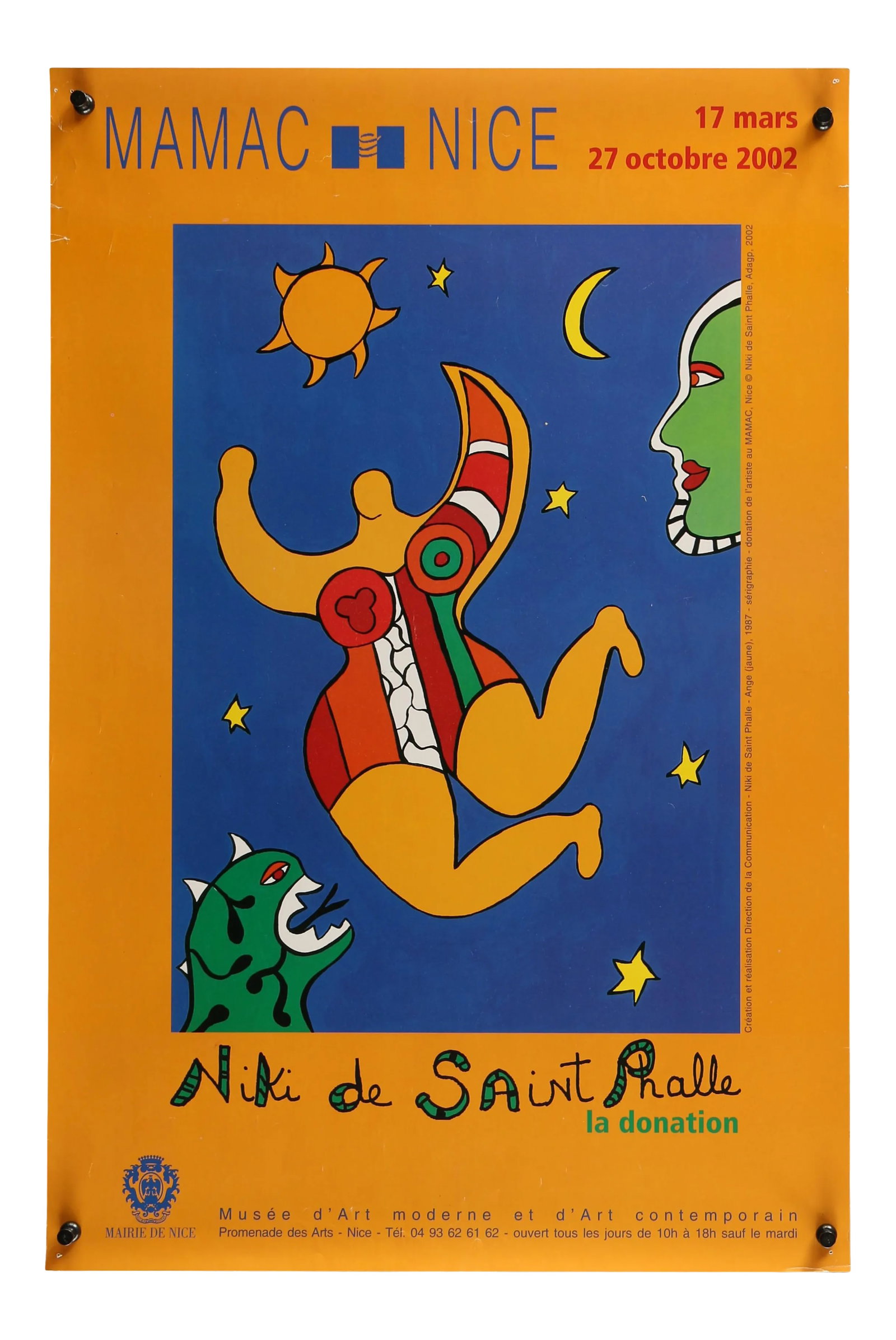 Early 21st Century Niki De Saint Phalle La Donation French Museum Exhibition Poster: NIKI DE SAINT PHALLE LA DONATION French Art Musuem exhibition poster, The magnets in the corners are there for the photography and not on the actual poster. Condition: Alterations: Original Condition
