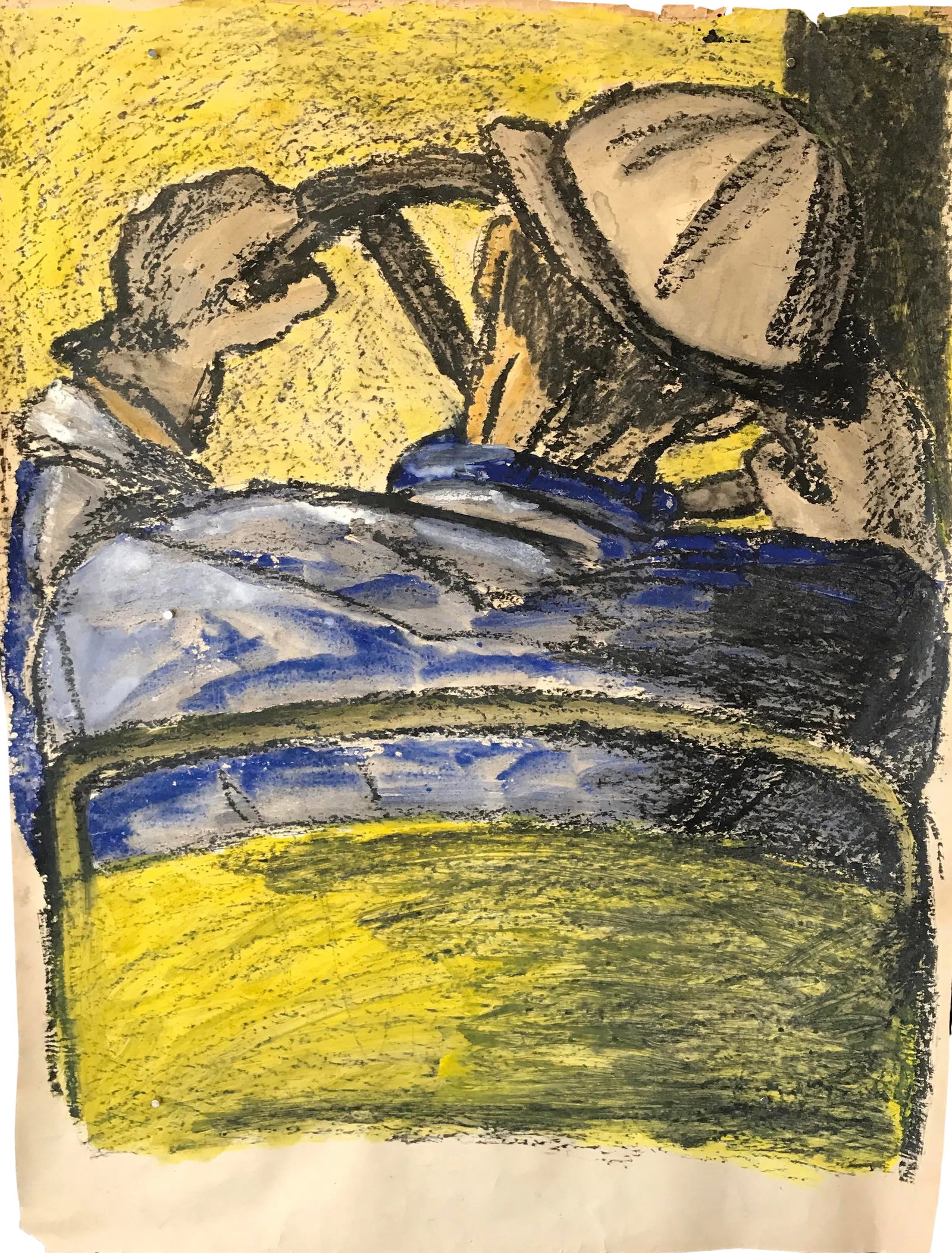 Mid Century "Driver With Hard Hat" Gouache and Oil Pastel Figurative 1960s Sf: Gloria Dudfield Driver with Hard Hat 1960s Gouache and Oil Pastel on Paper 27"x36" unframed Gloria (Fischer) Dudfield July 12, 1922 - May 27, 2015 Came from a portfolio of her work in the San